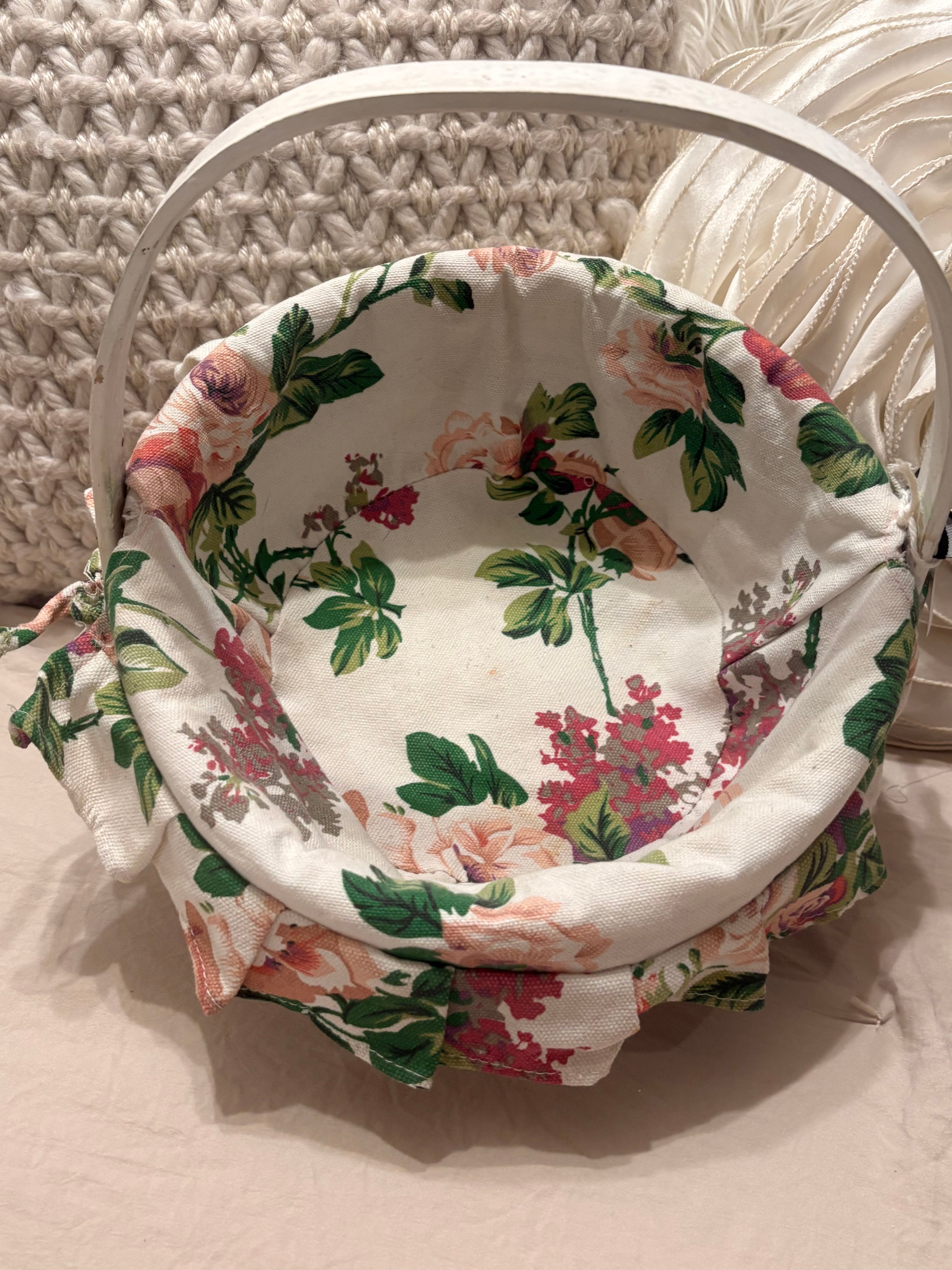 White Wooden Basket with Floral Liner