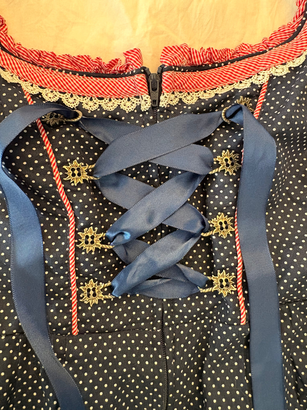 Vintage Hiziti German Dirndl Dress — Blue with White Polka Dots