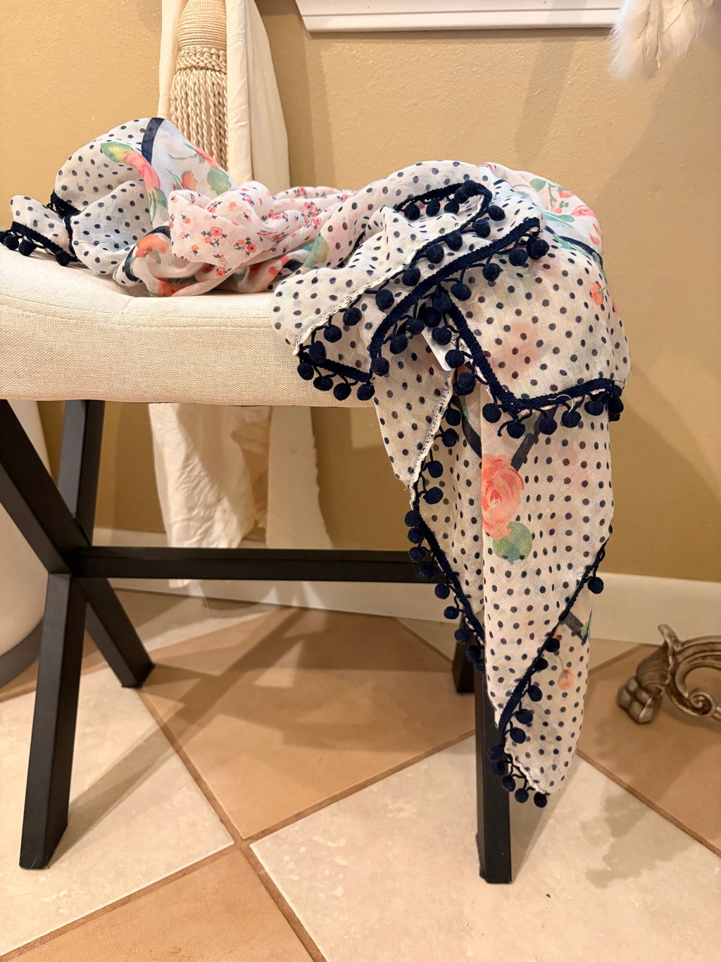 White and Floral Print Scarf