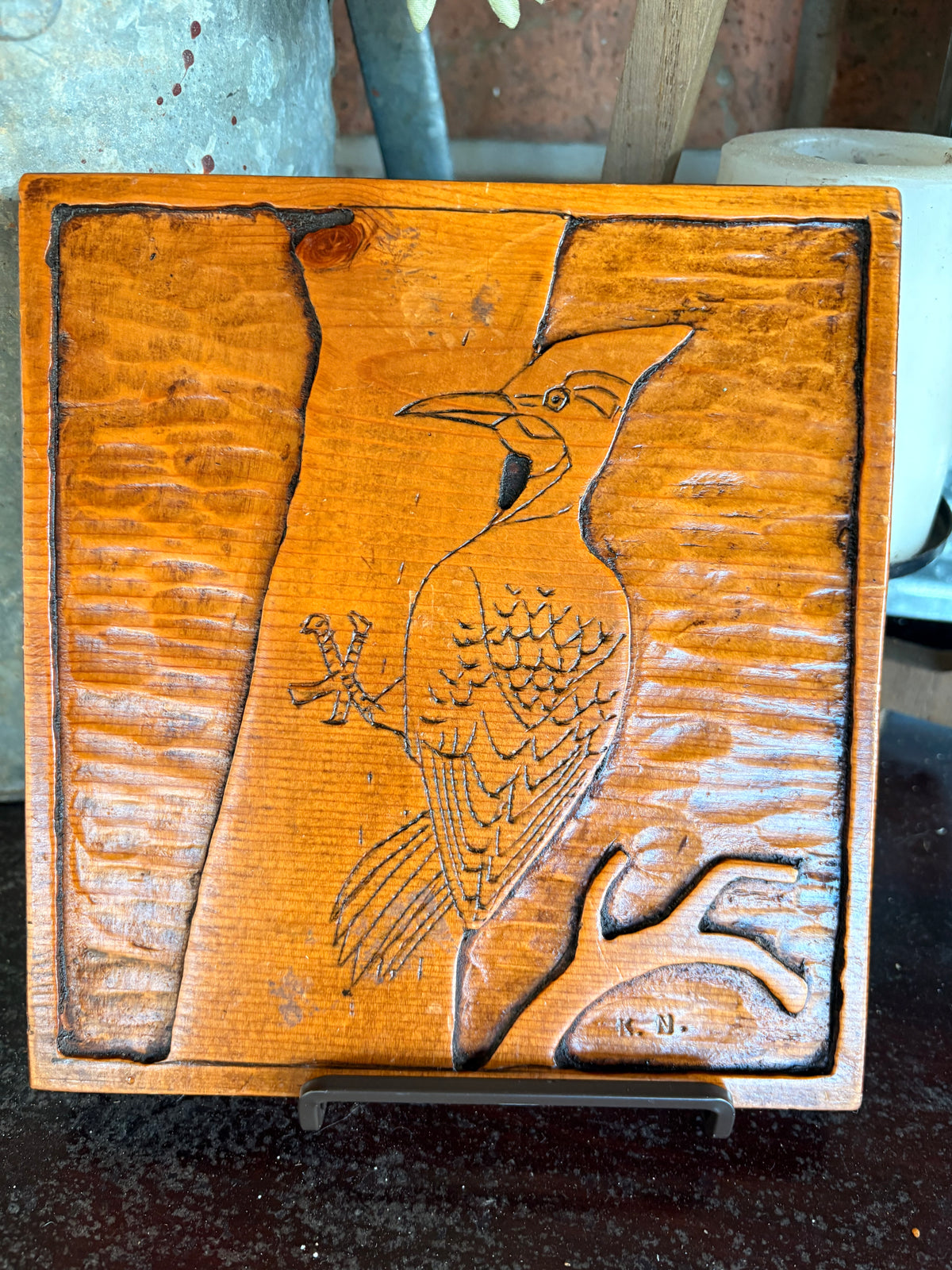 Hand Carved Woodpecker Plaque