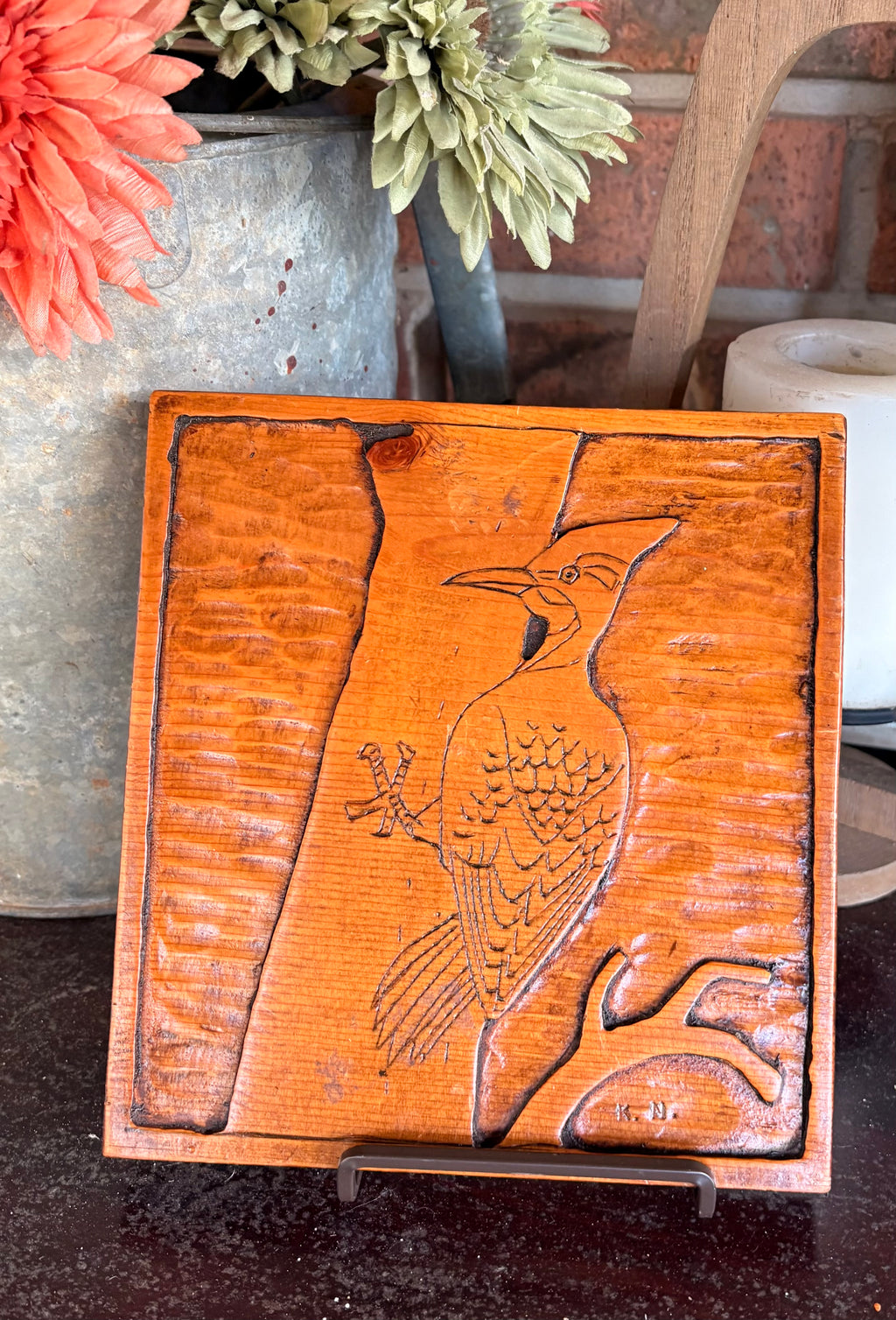 Hand Carved Woodpecker Plaque