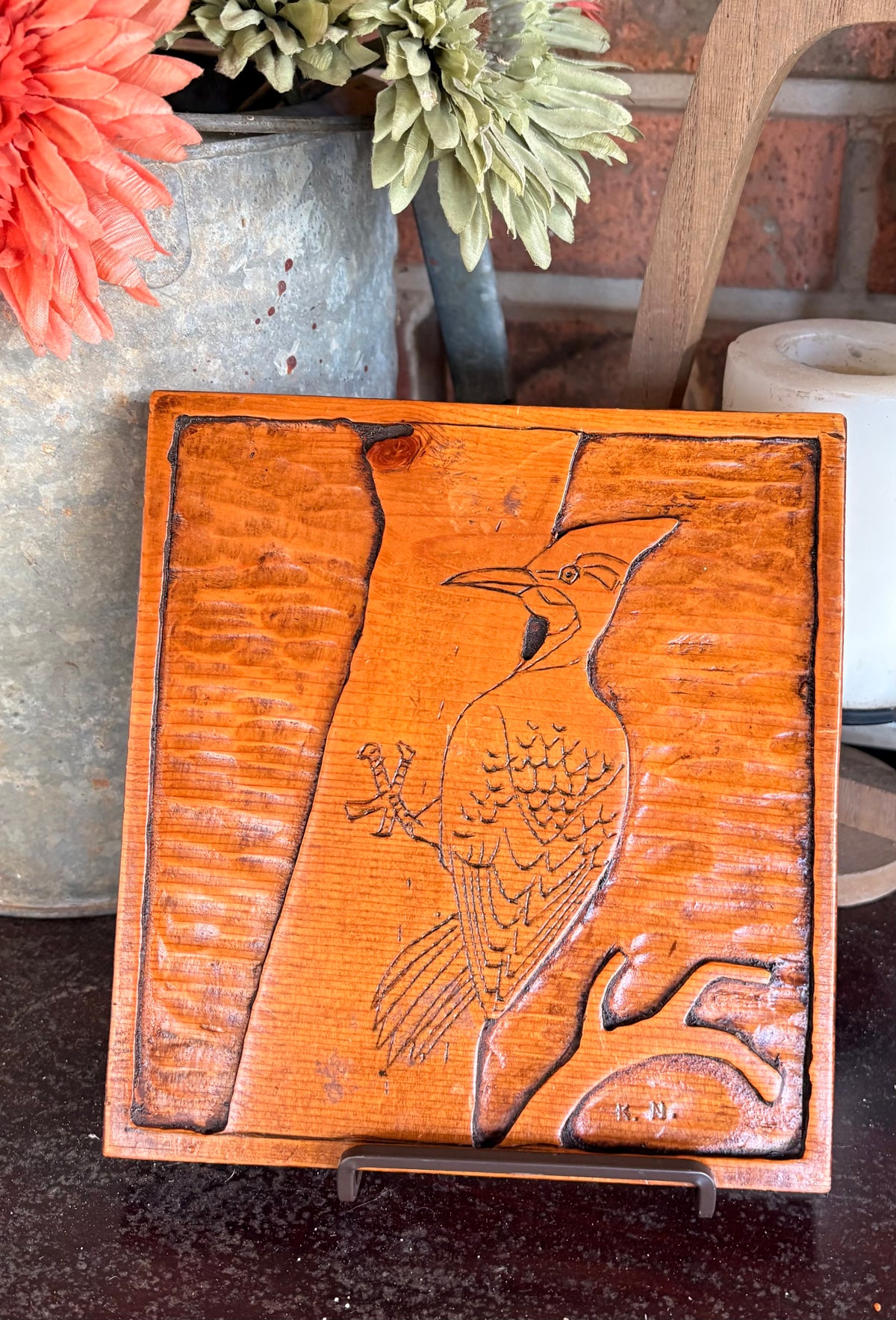 Hand Carved Woodpecker Plaque