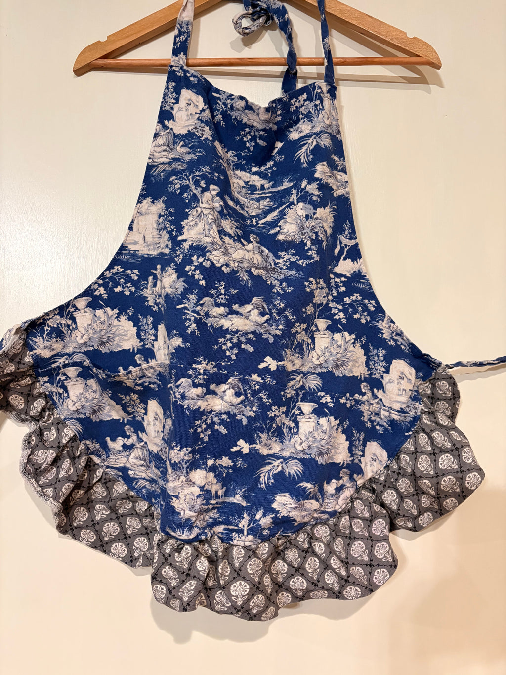 Blue & White Toile de Jouy Kitchen Apron with Gray Ruffle