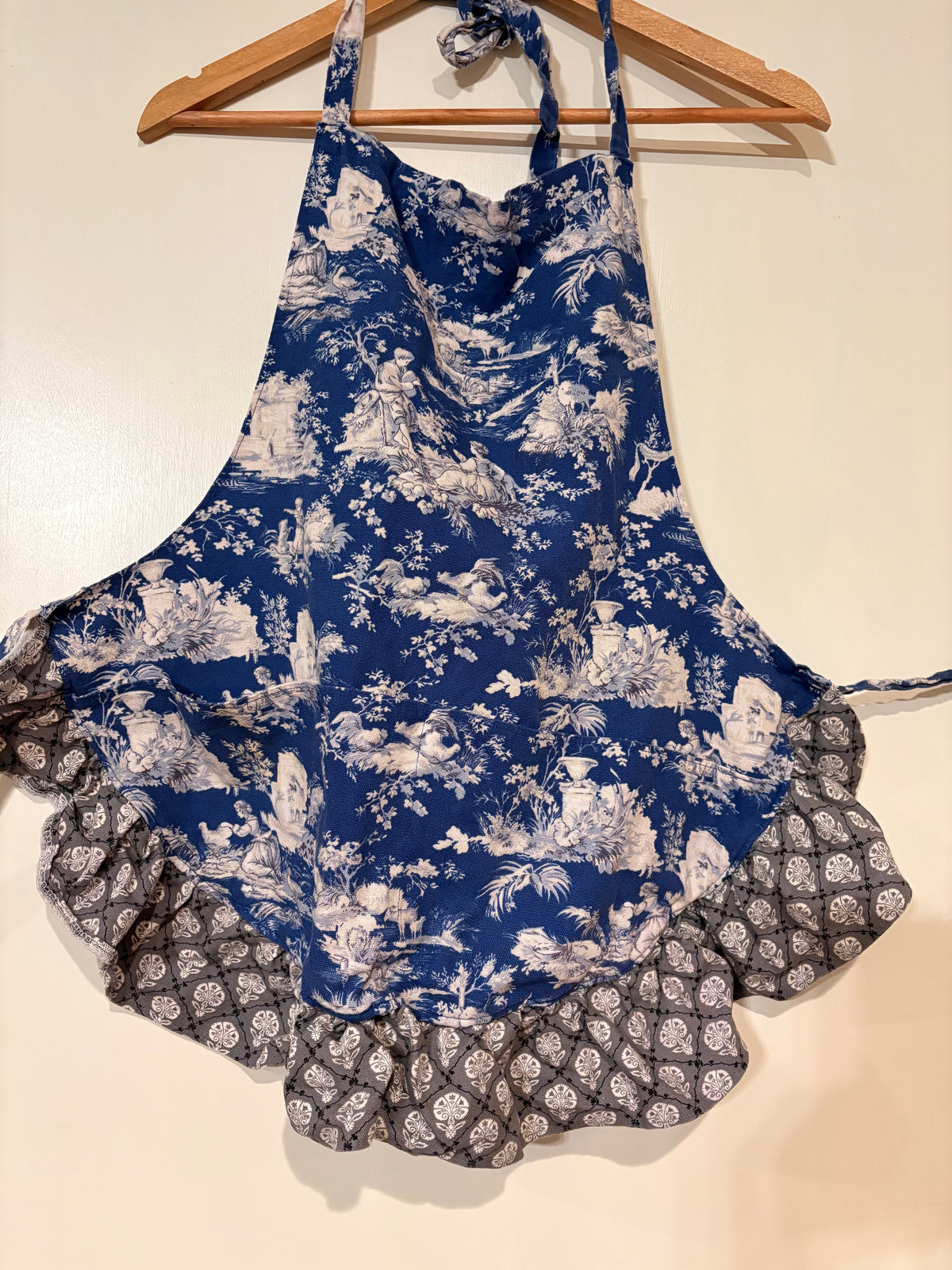 Blue & White Toile de Jouy Kitchen Apron with Gray Ruffle