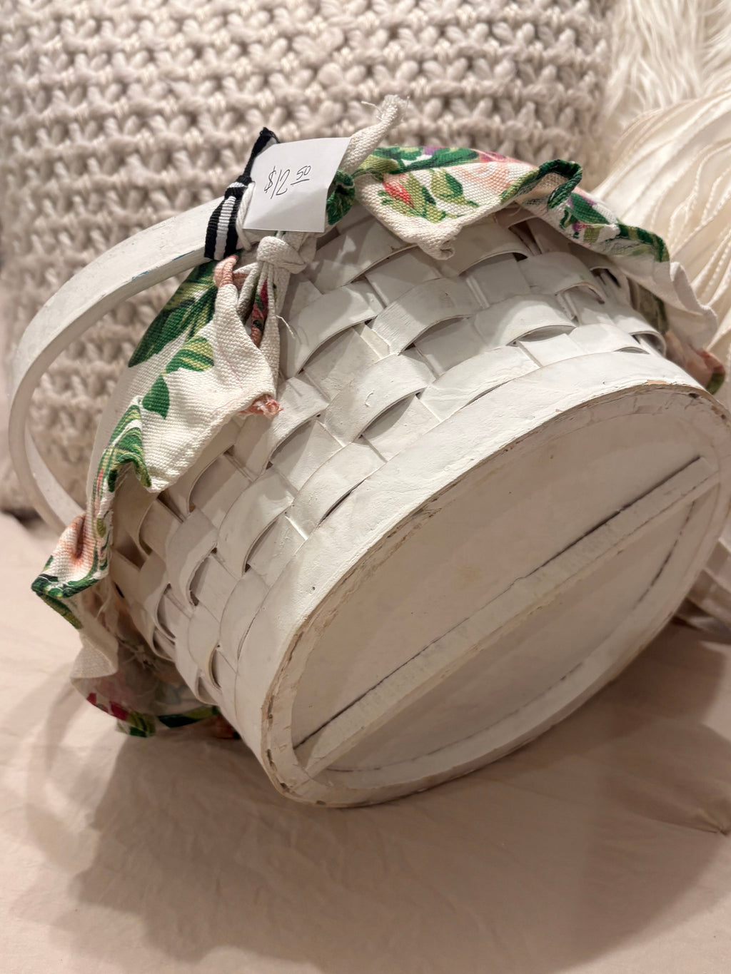 White Wooden Basket with Floral Liner