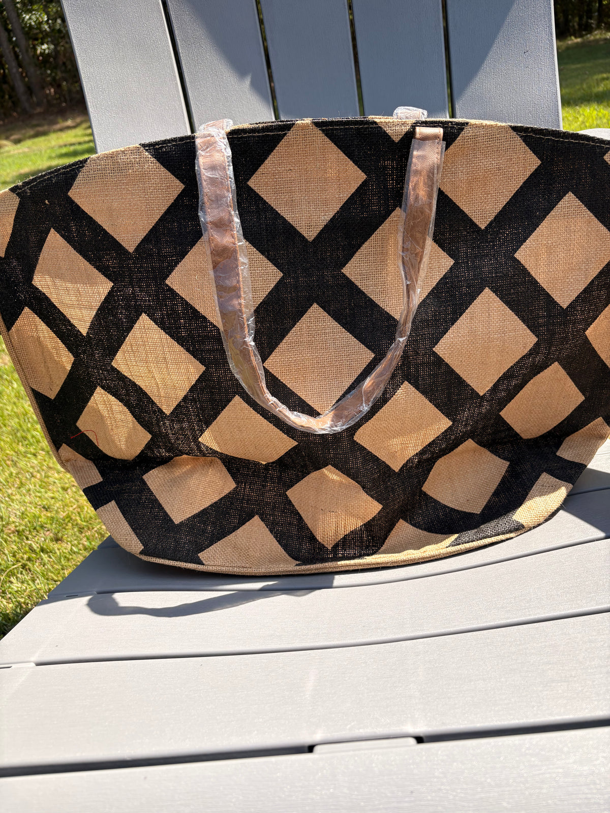 Mud Pie Jute Tote Bag with Diamond Pattern
