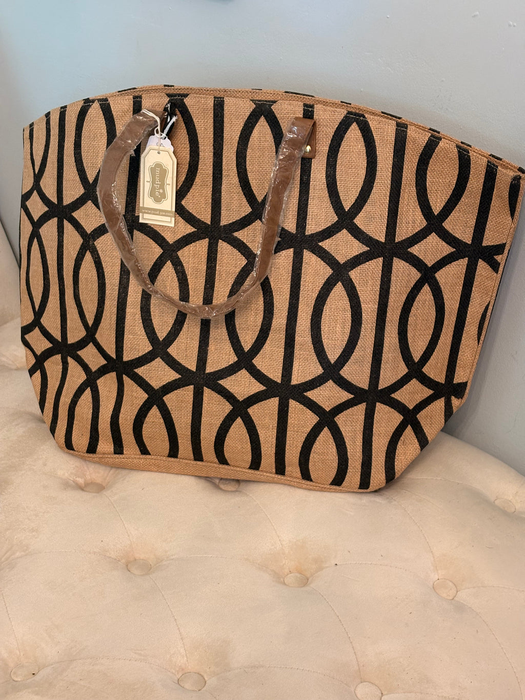 Mud Pie Jute Black Lattice Tote Bag