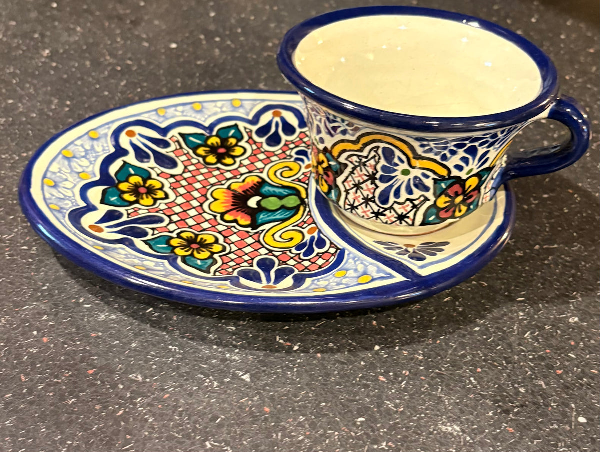 Hand Painted Mexican Talavera Cup and Snack Saucer