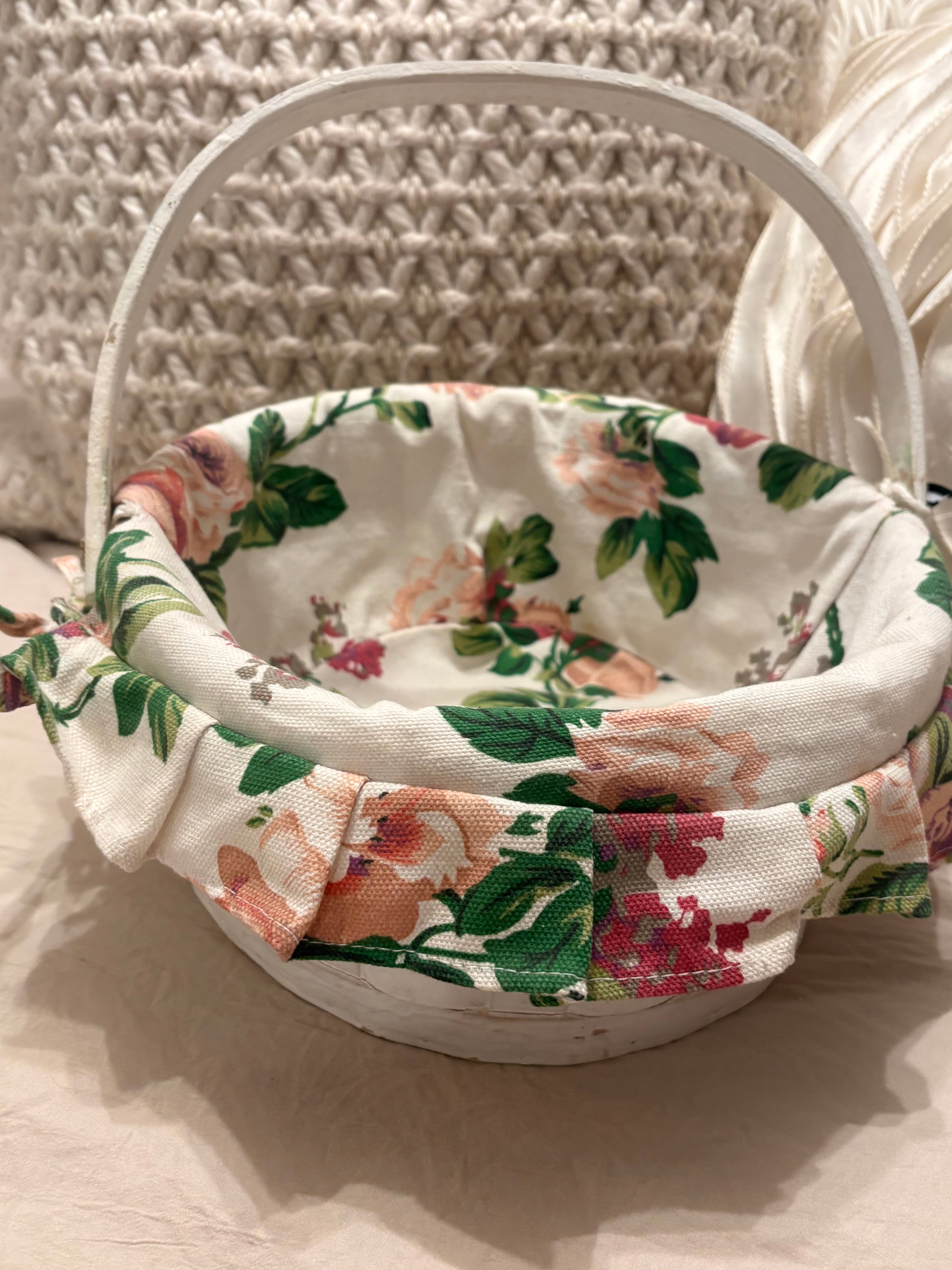 White Wooden Basket with Floral Liner