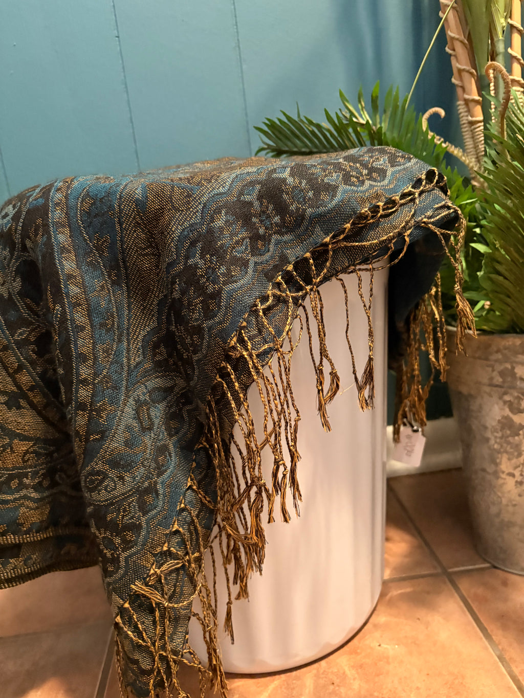 Peacock Blue and Paisley Scarf