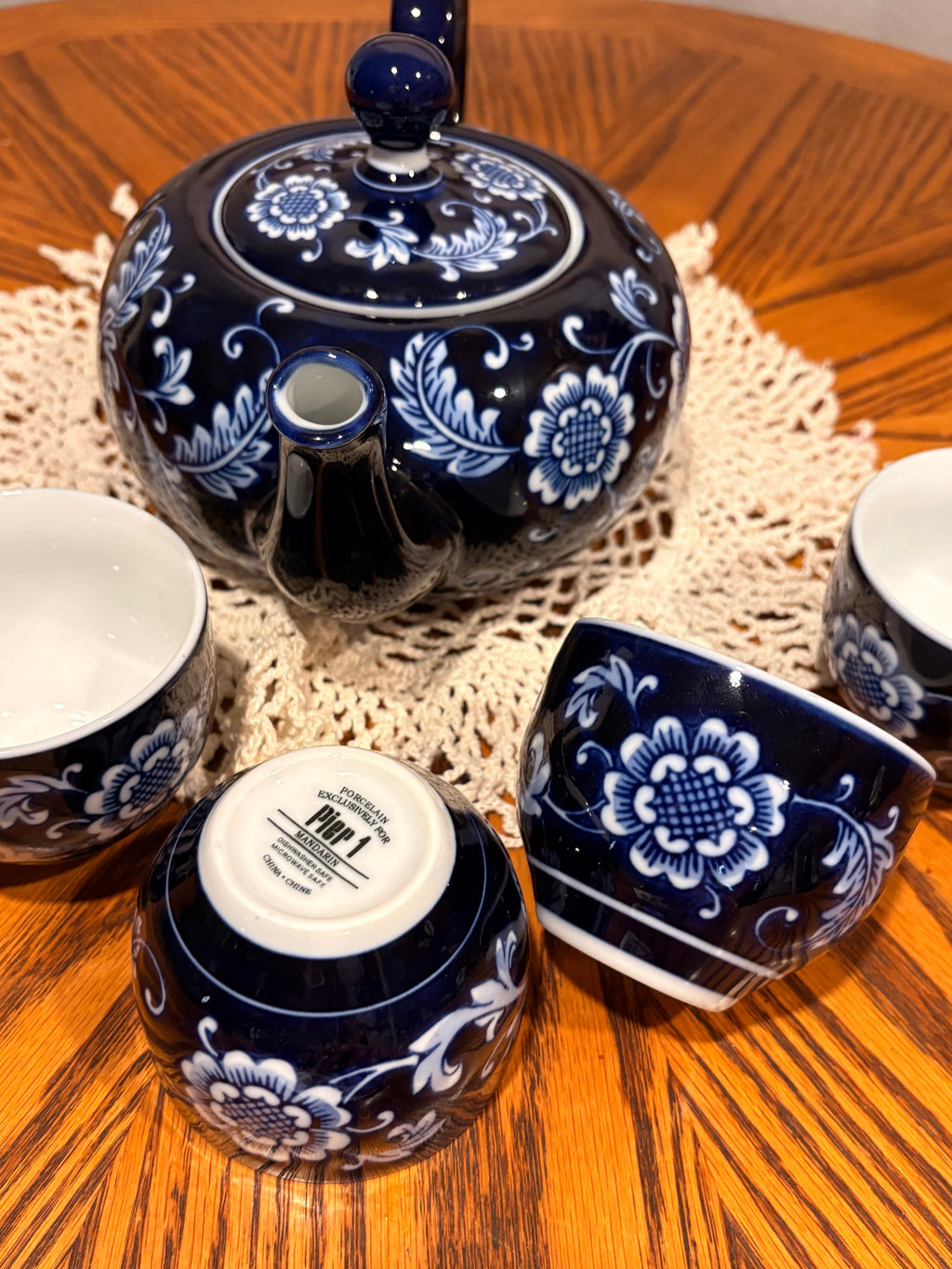 Pier 1 Mandarin Tea Set — Dark Blue & White Floral
