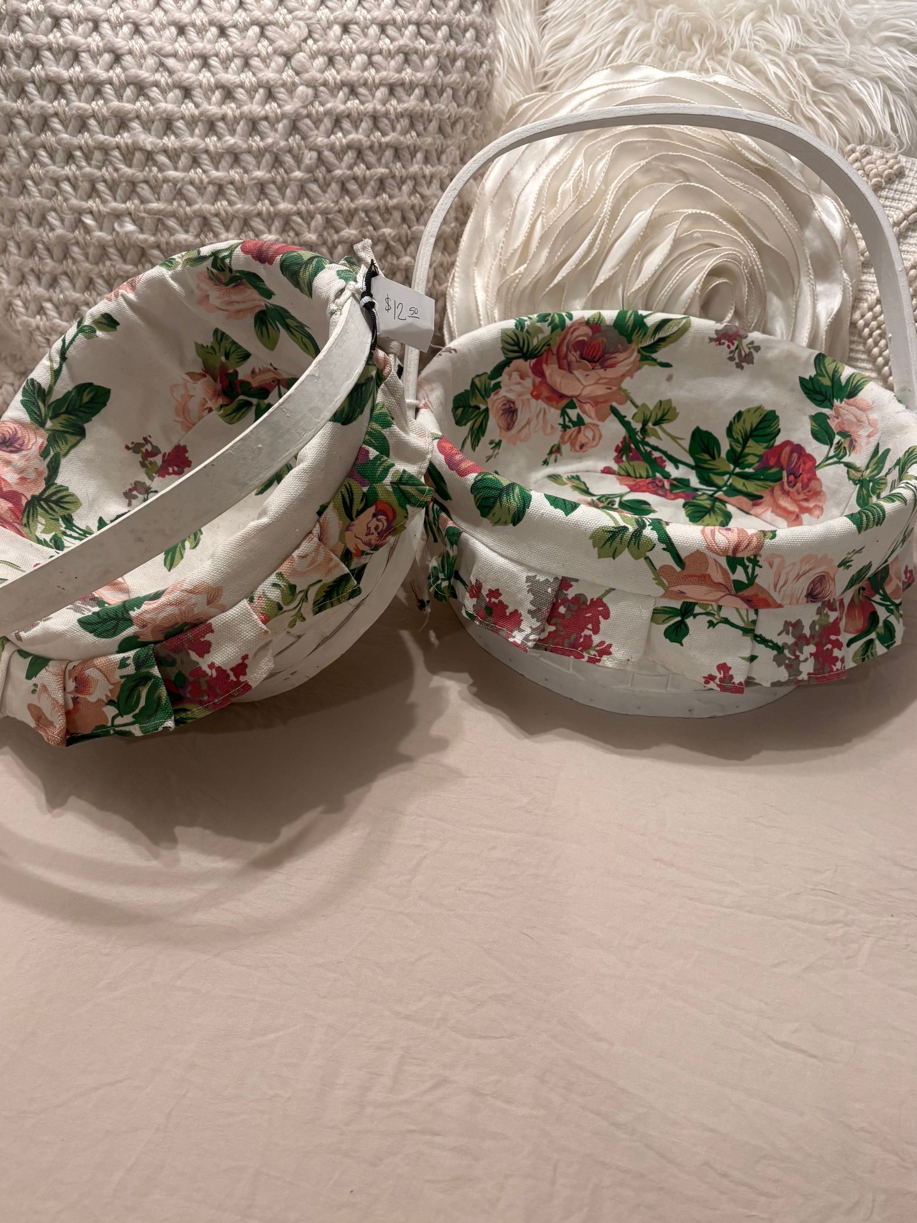White Wooden Basket with Floral Liner