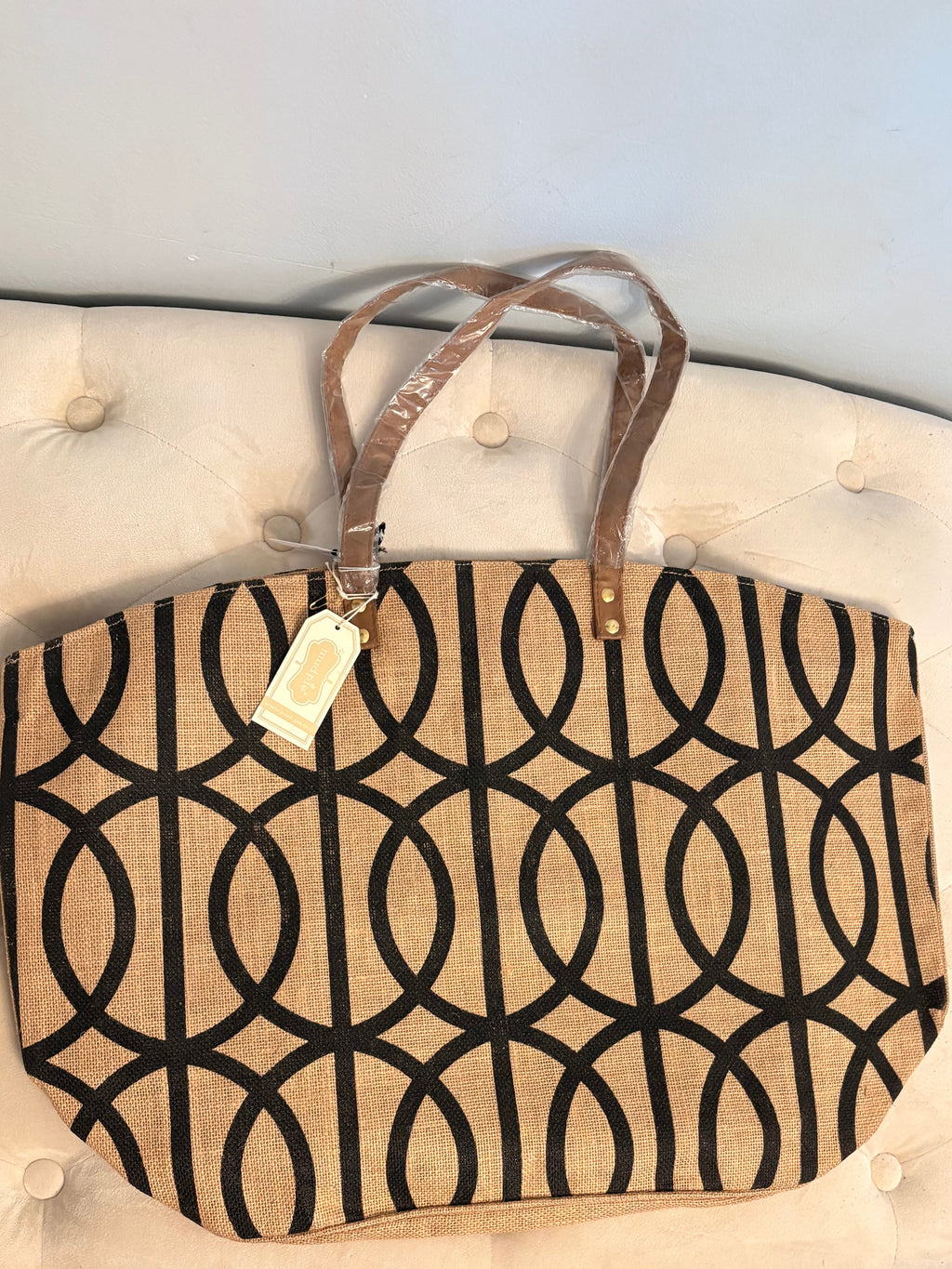 Mud Pie Jute Black Lattice Tote Bag