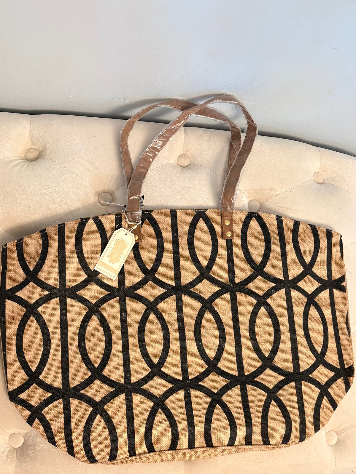 Mud Pie Jute Black Lattice Tote Bag