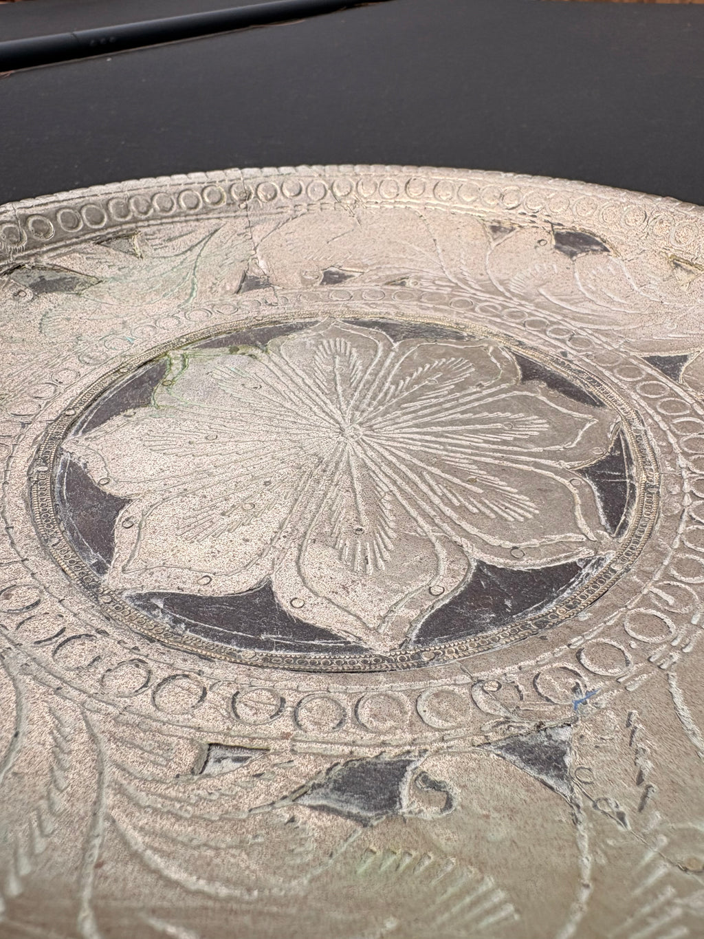 Wooden Pedestal Bowl with Decorative Metal Overlay