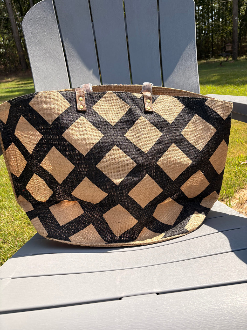 Mud Pie Jute Tote Bag with Diamond Pattern