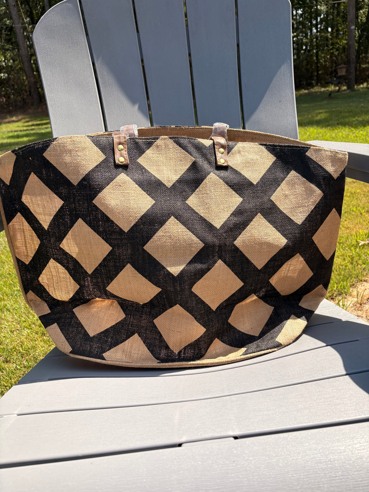 Mud Pie Jute Tote Bag with Diamond Pattern