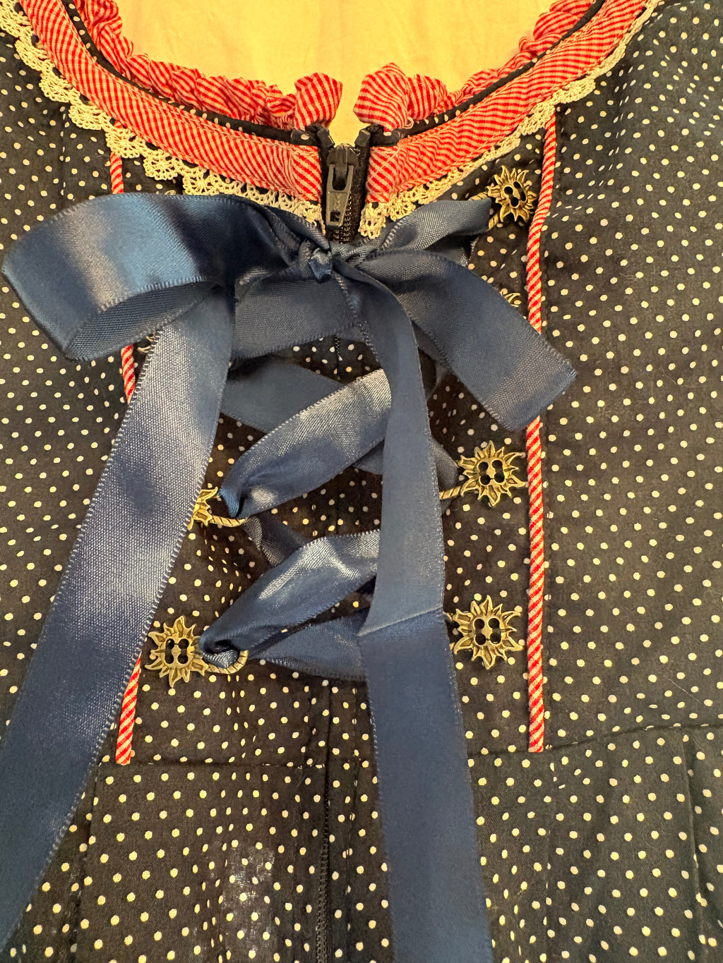 Vintage Hiziti German Dirndl Dress — Blue with White Polka Dots
