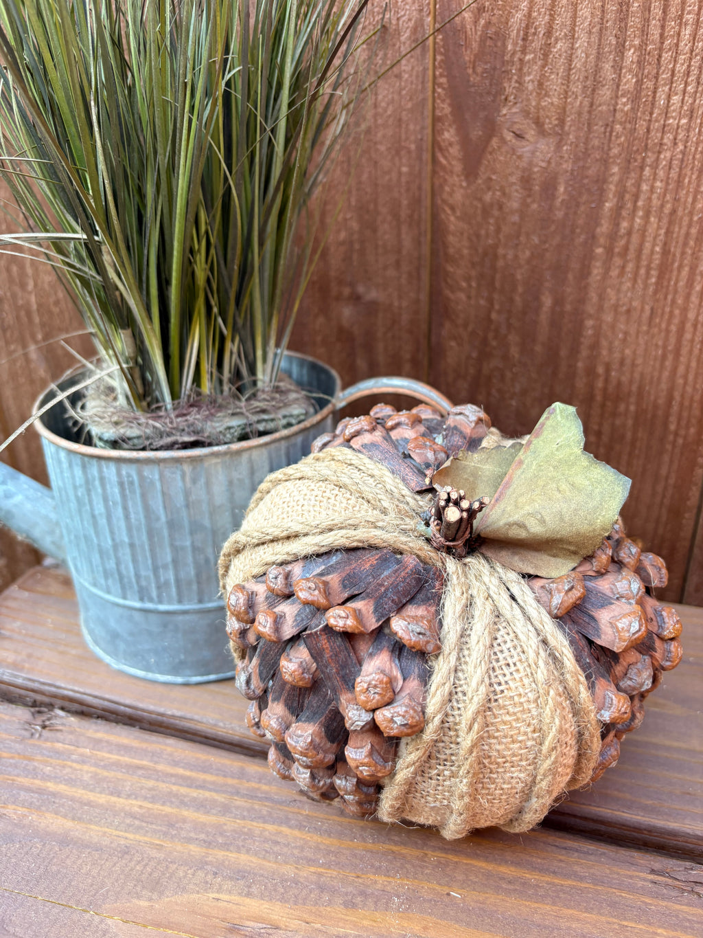 Burlap & Pinecone Pumpkin Decor