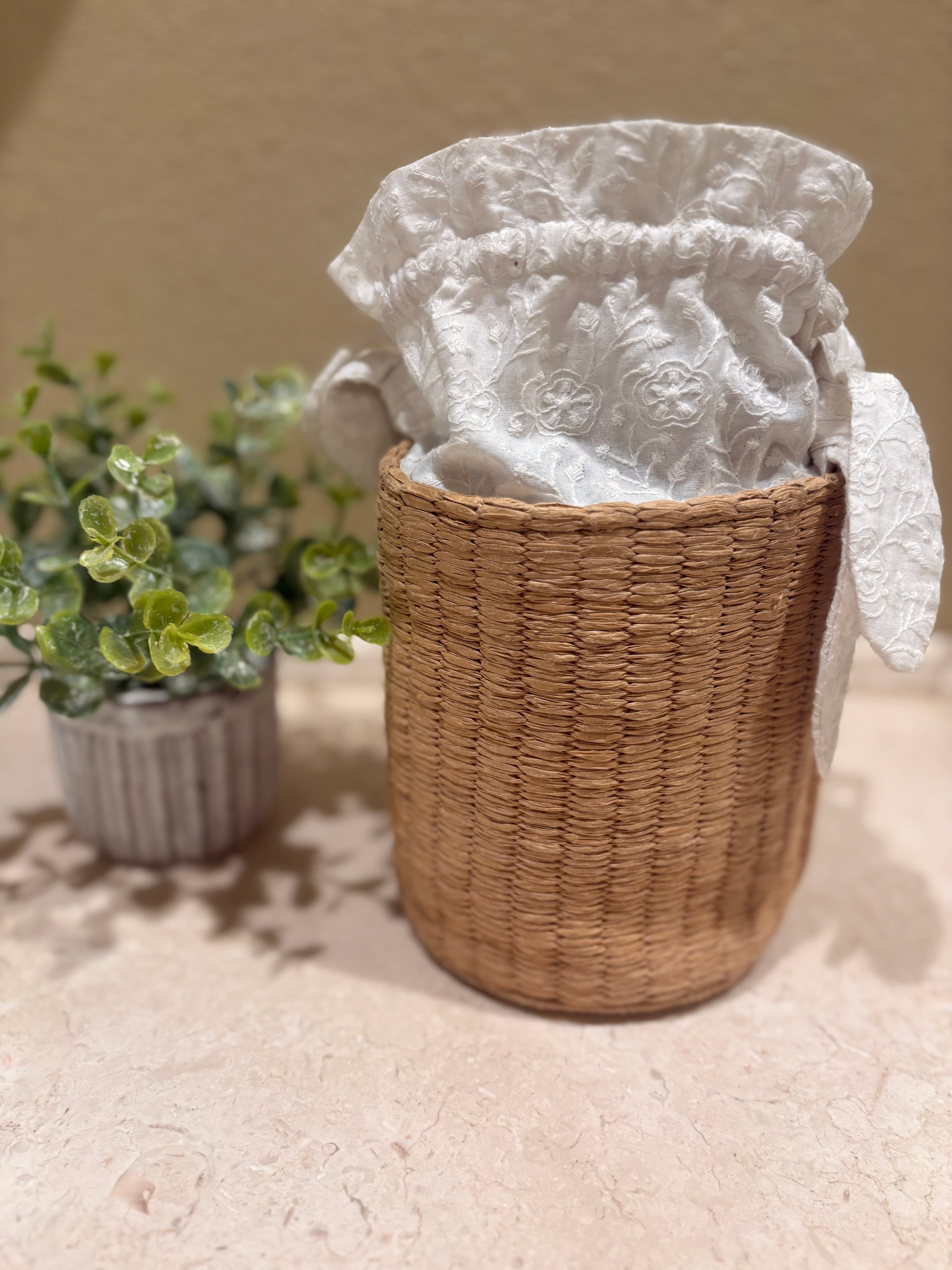 Rattan Basket with Material & Drawstring Closure