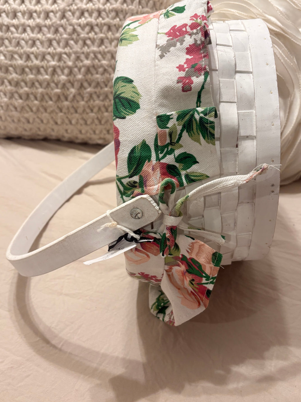 White Wooden Basket with Floral Lining