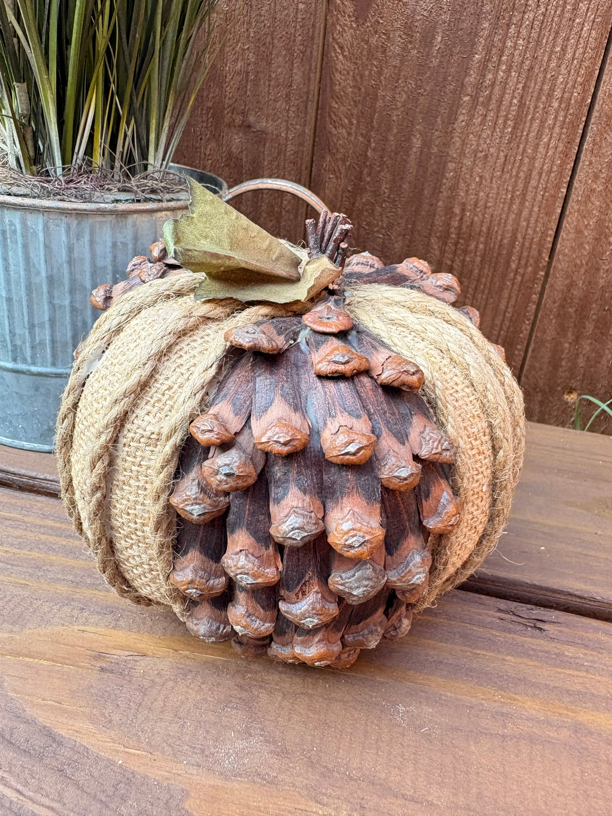 Burlap & Pinecone Pumpkin Decor