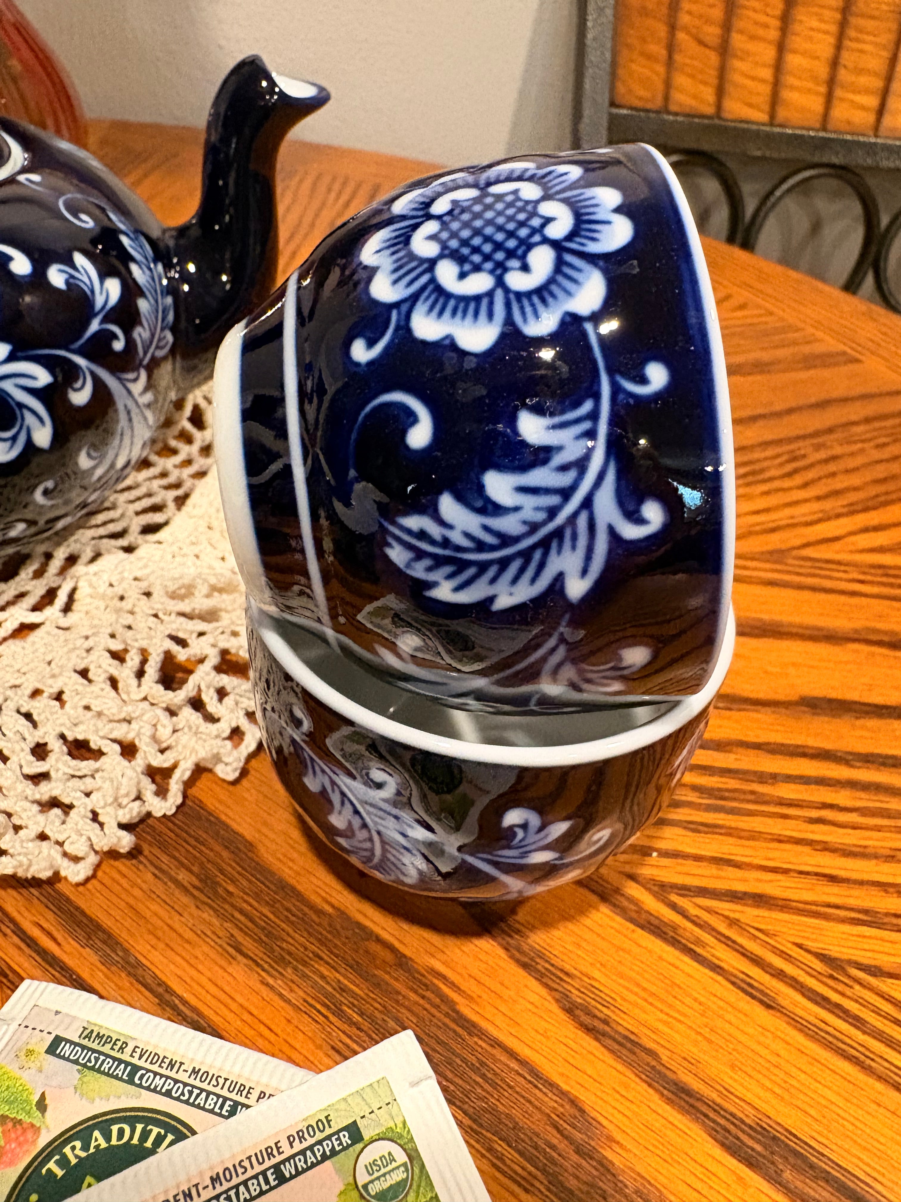 Pier 1 Mandarin Tea Set — Dark Blue & White Floral