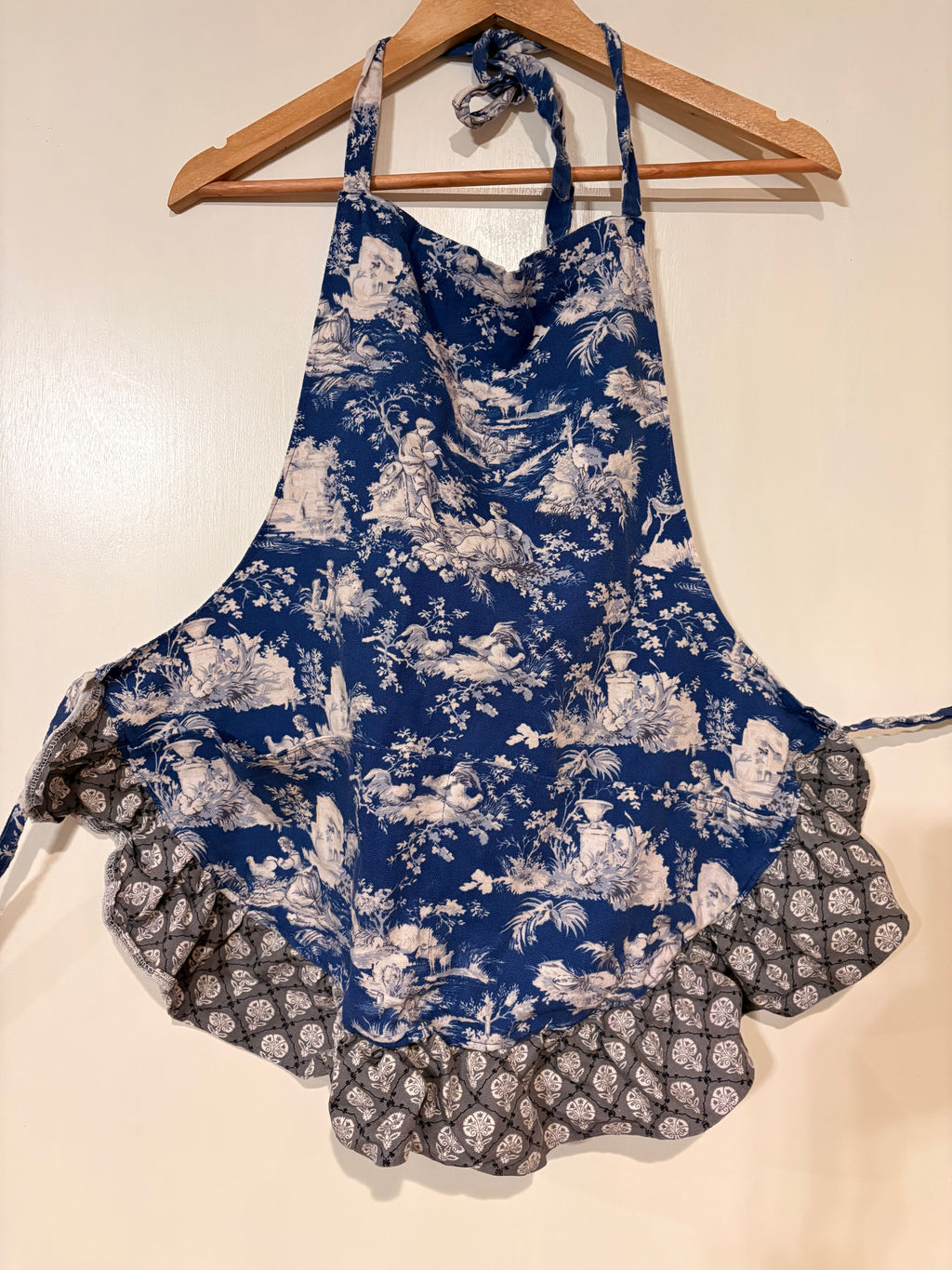Blue & White Toile de Jouy Kitchen Apron with Gray Ruffle