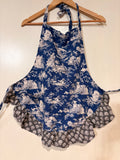 Blue & White Toile de Jouy Kitchen Apron with Gray Ruffle