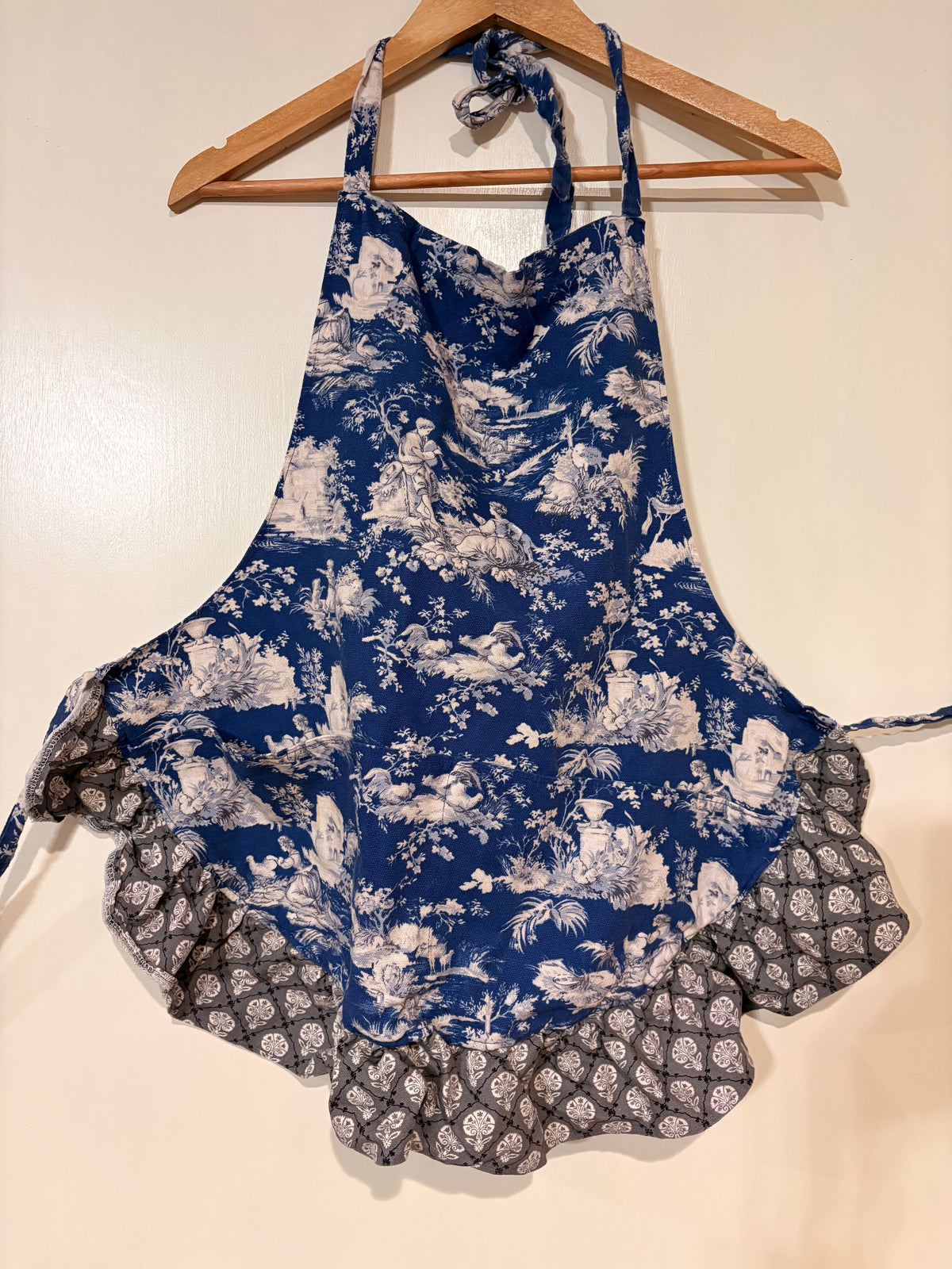 Blue & White Toile de Jouy Kitchen Apron with Gray Ruffle