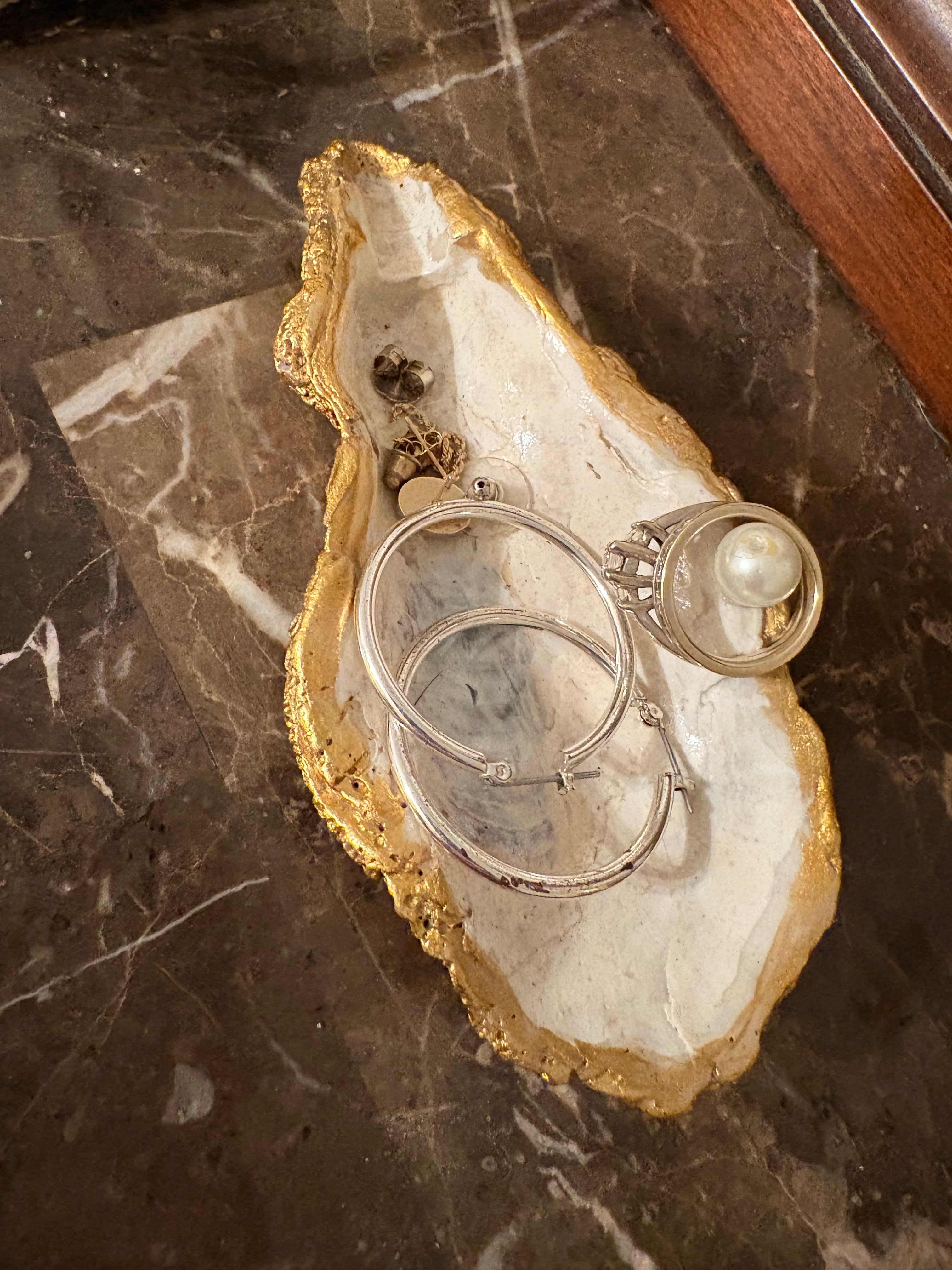 Gold Gilded & Pearl Oyster Shell Jewelry Holder