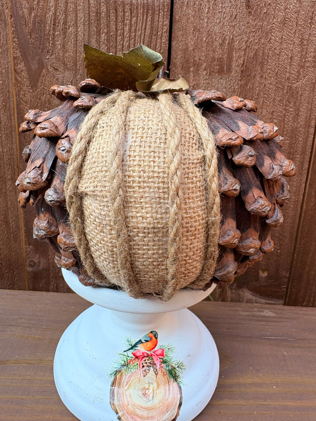 Burlap & Pinecone Pumpkin Decor