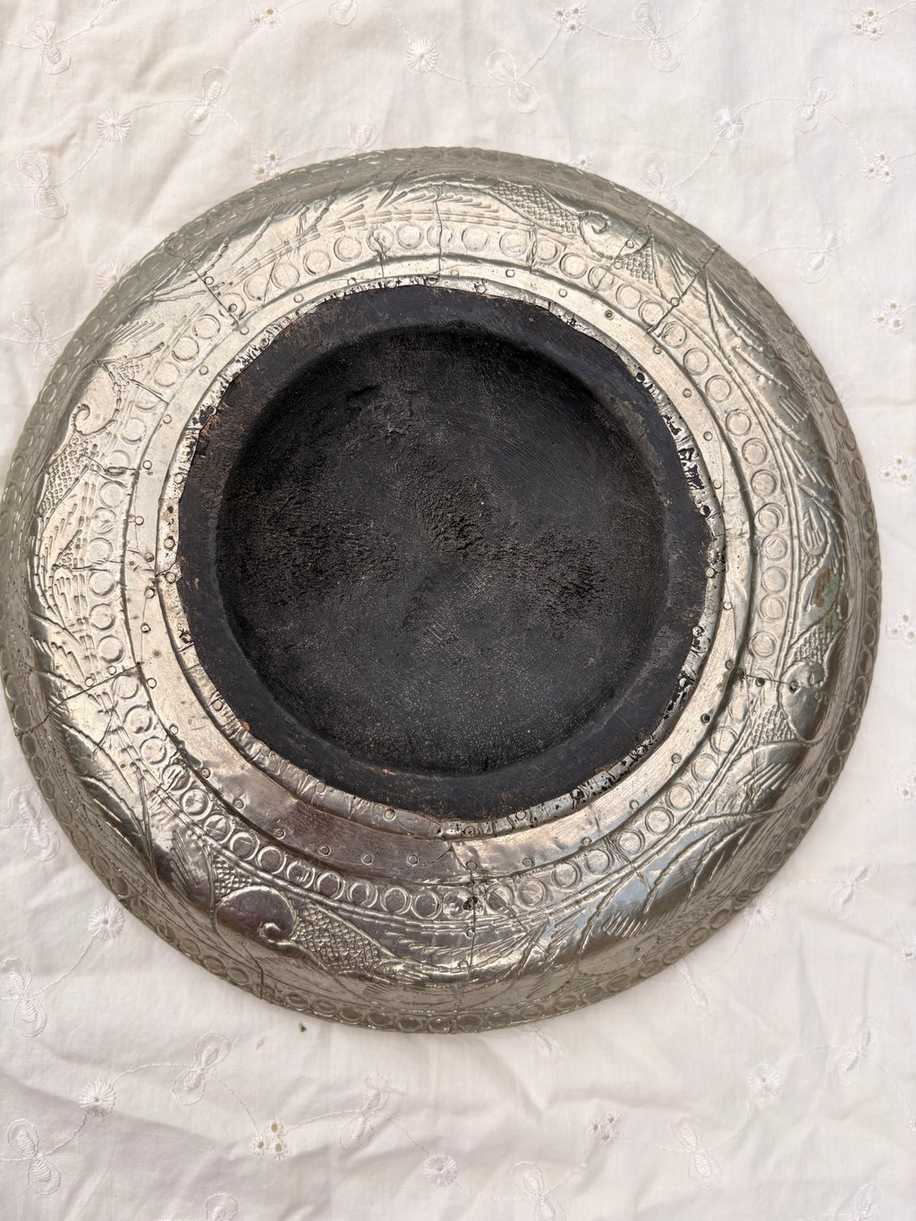 Wooden Pedestal Bowl with Decorative Metal Overlay
