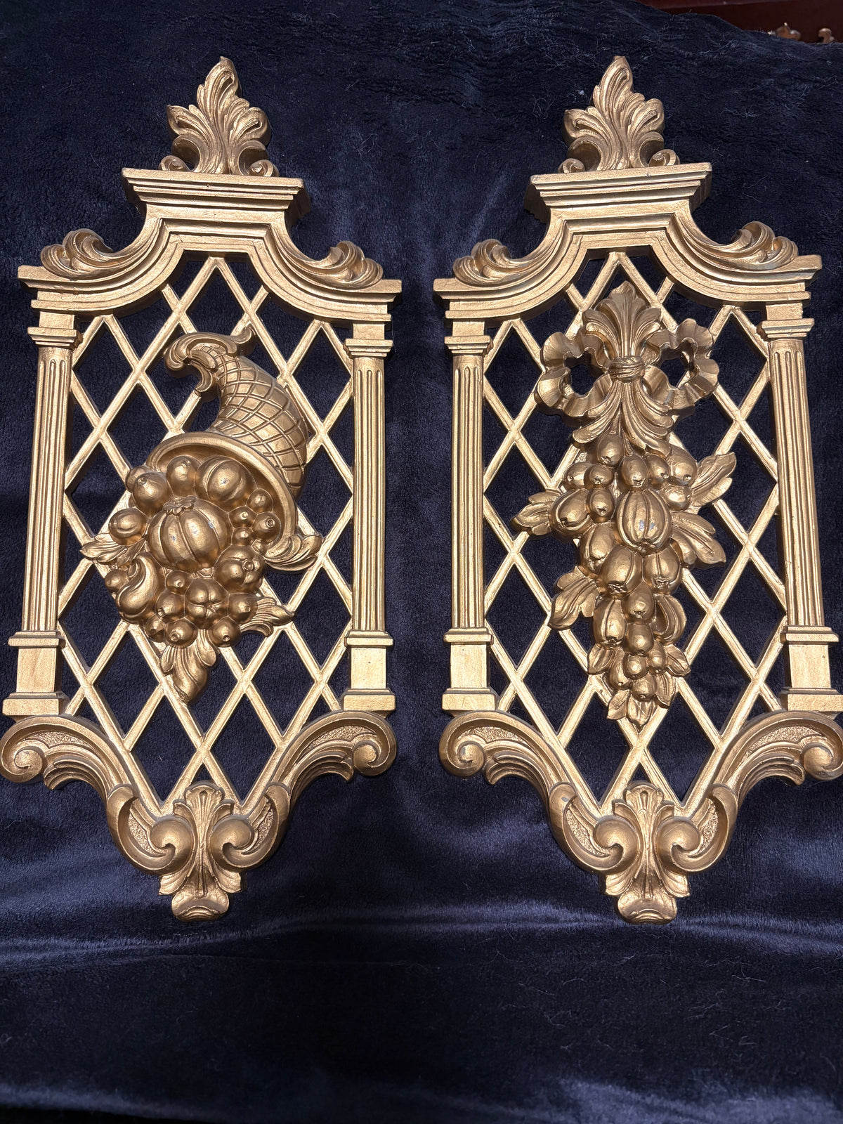 Vintage 1970s Gold Hollywood Regency Lattice Wall Plaques