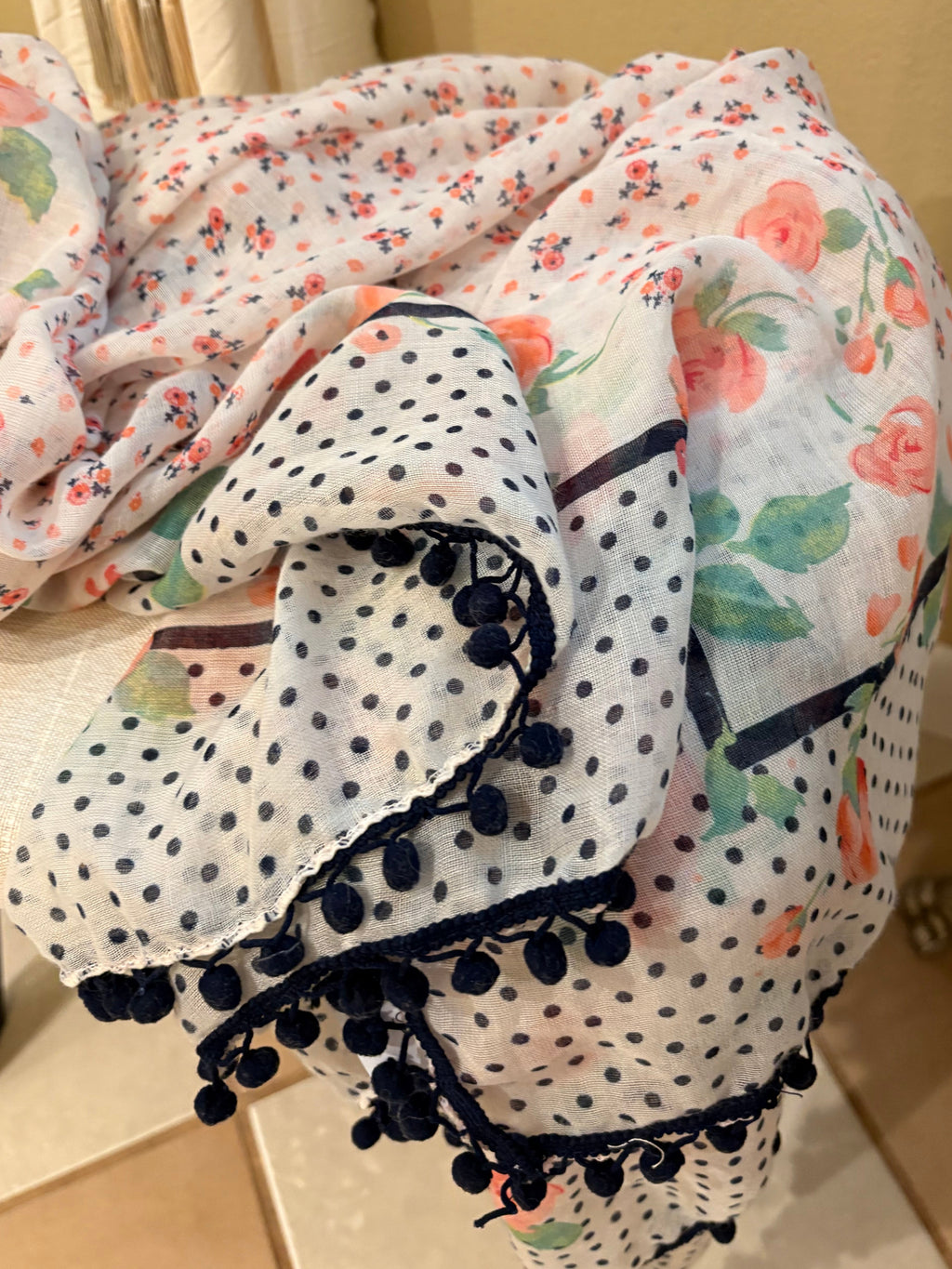White and Floral Print Scarf