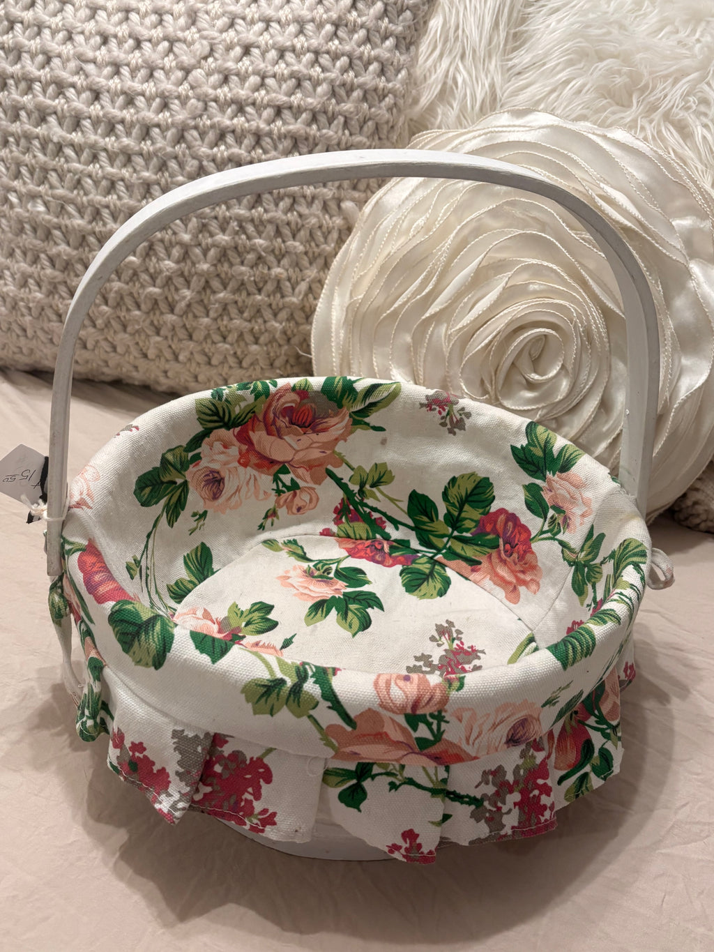 White Wooden Basket with Floral Lining