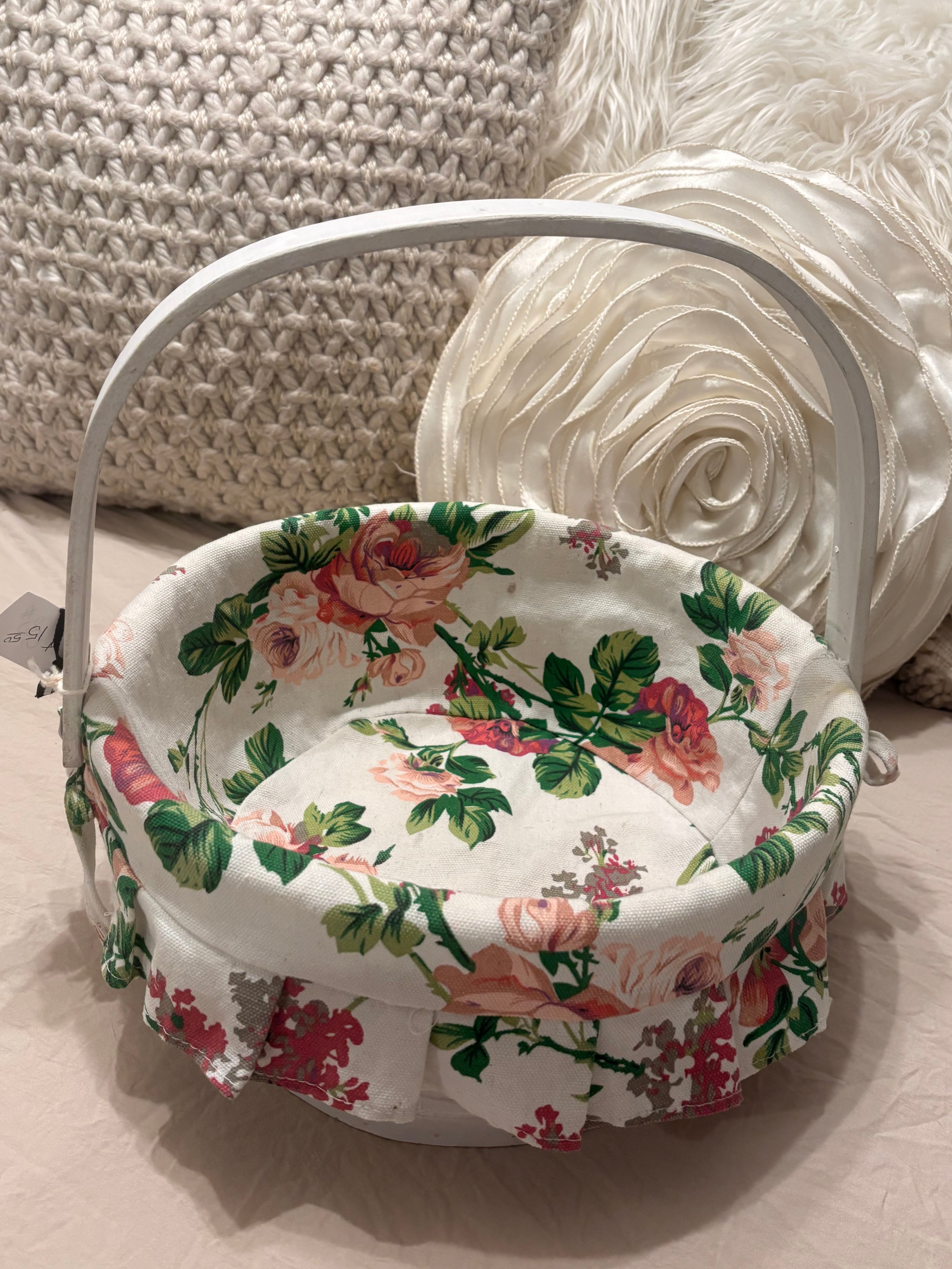 White Wooden Basket with Floral Lining