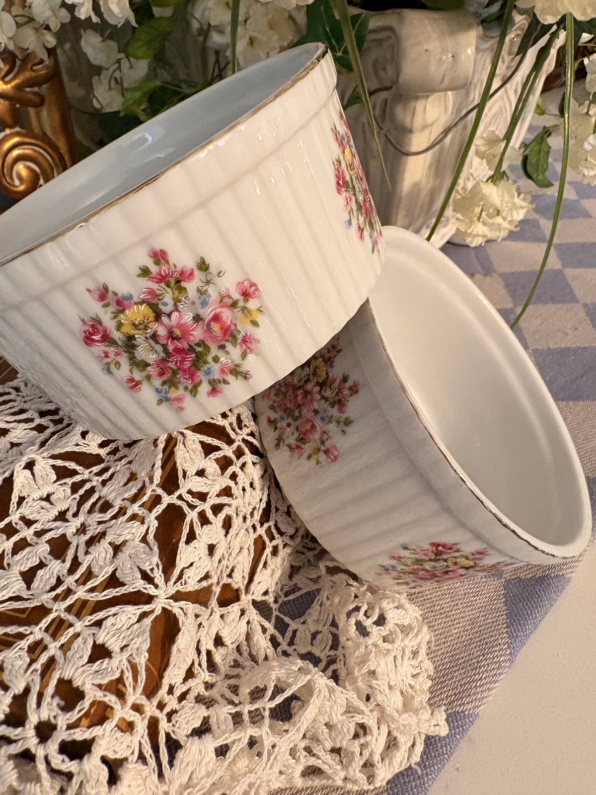 Vintage "Floral Bouquet" Porcelain Ramekins, Set of 2