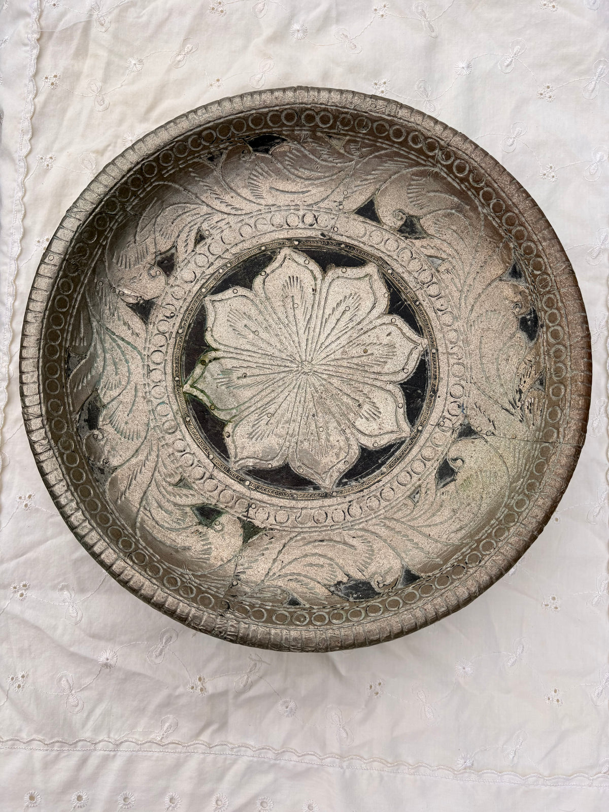 Wooden Pedestal Bowl with Decorative Metal Overlay