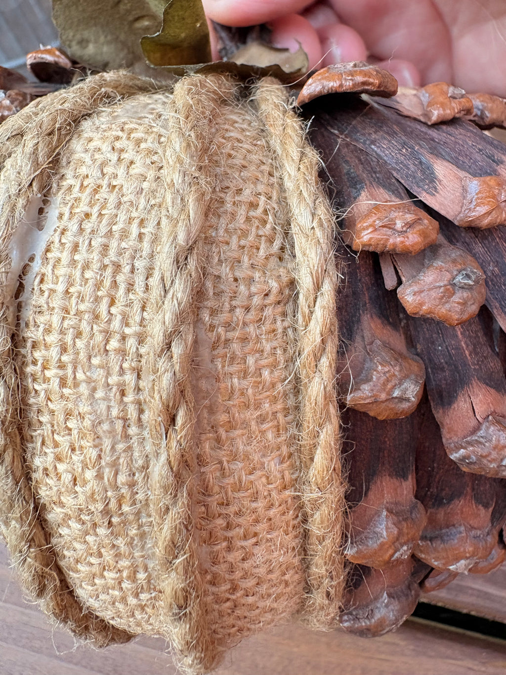 Burlap & Pinecone Pumpkin Decor