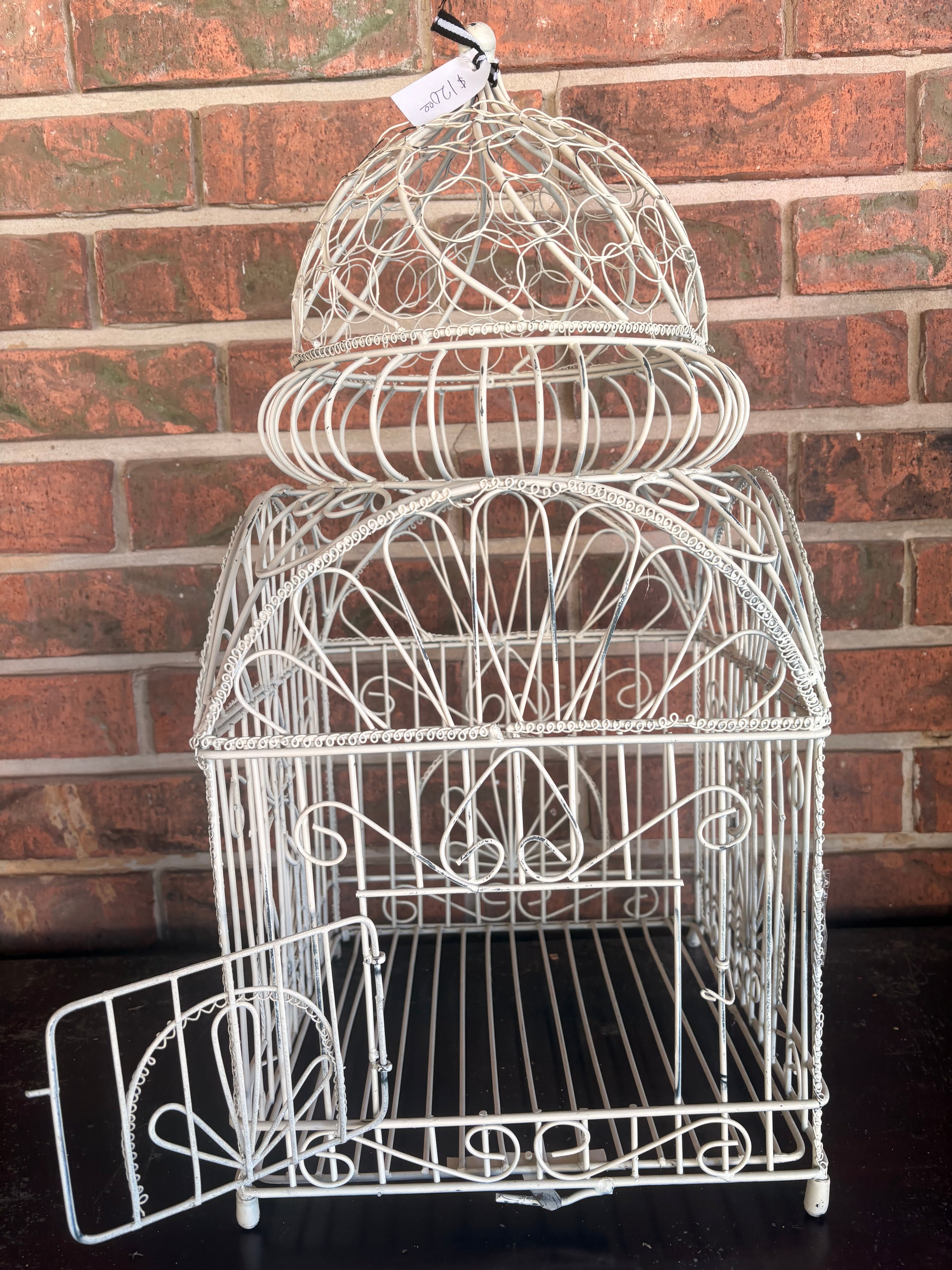 White Metal Birdcage — Vintage Cottage Decorative Accent