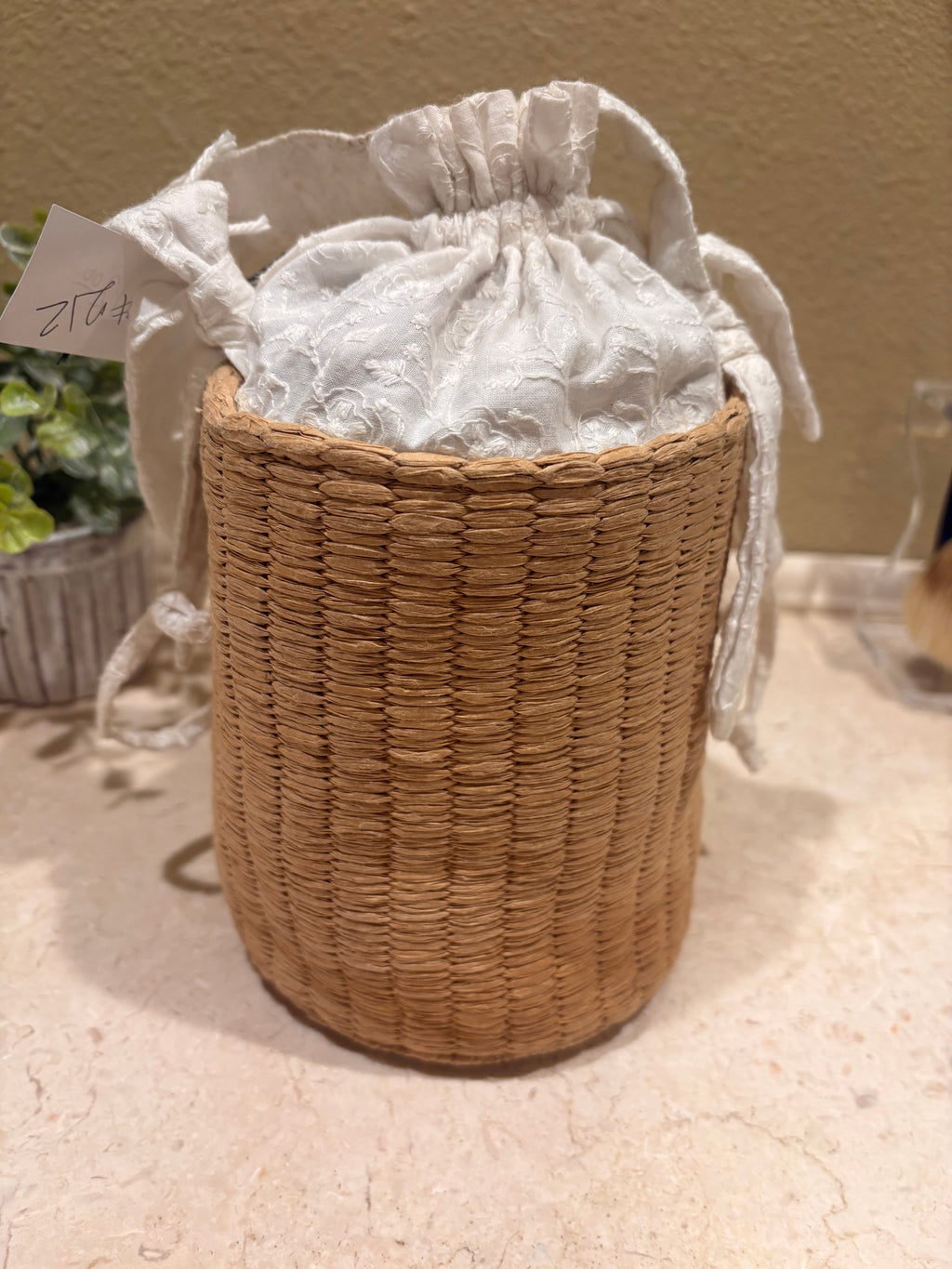 Rattan Basket with Material & Drawstring Closure