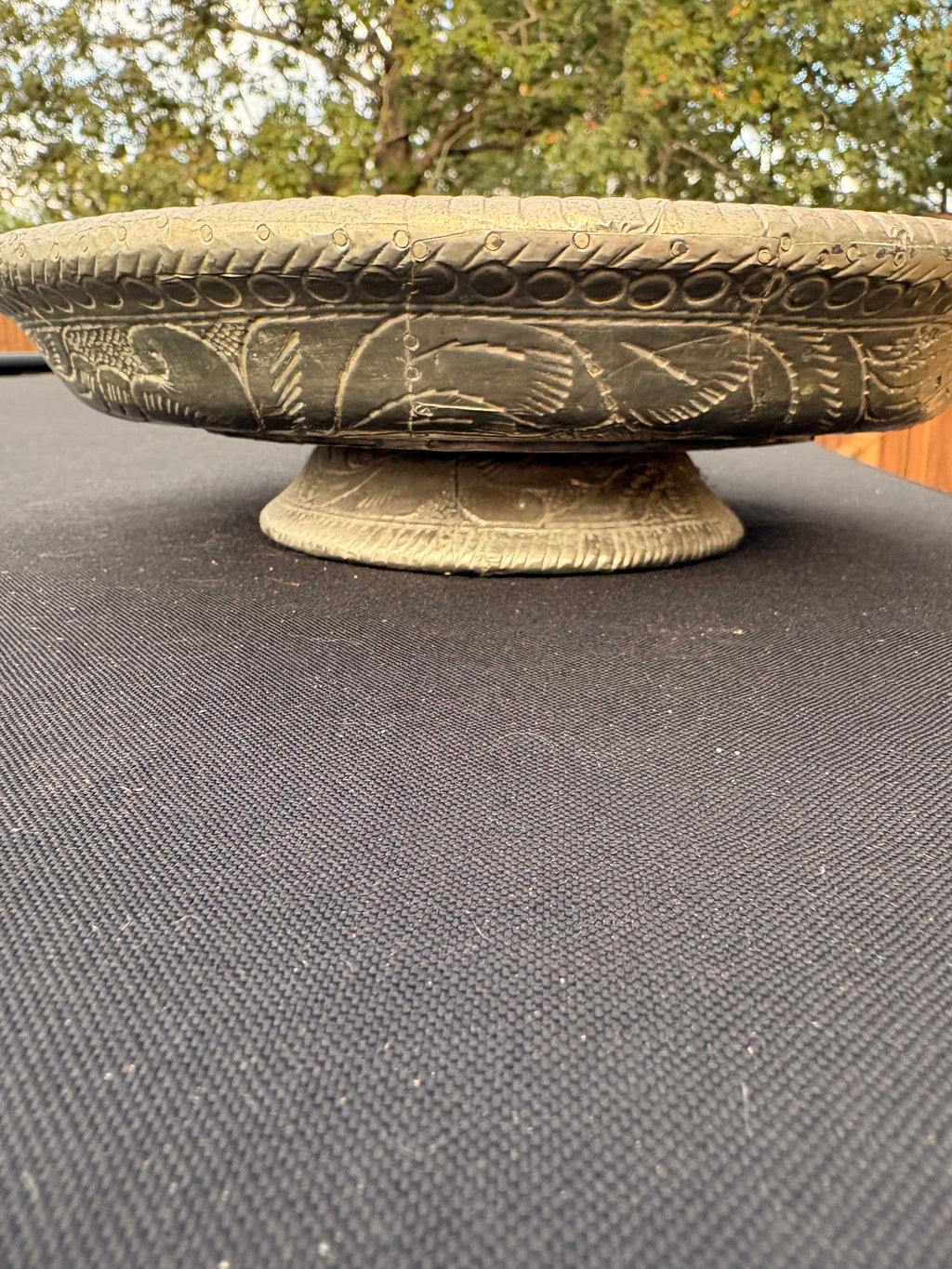 Wooden Pedestal Bowl with Decorative Metal Overlay