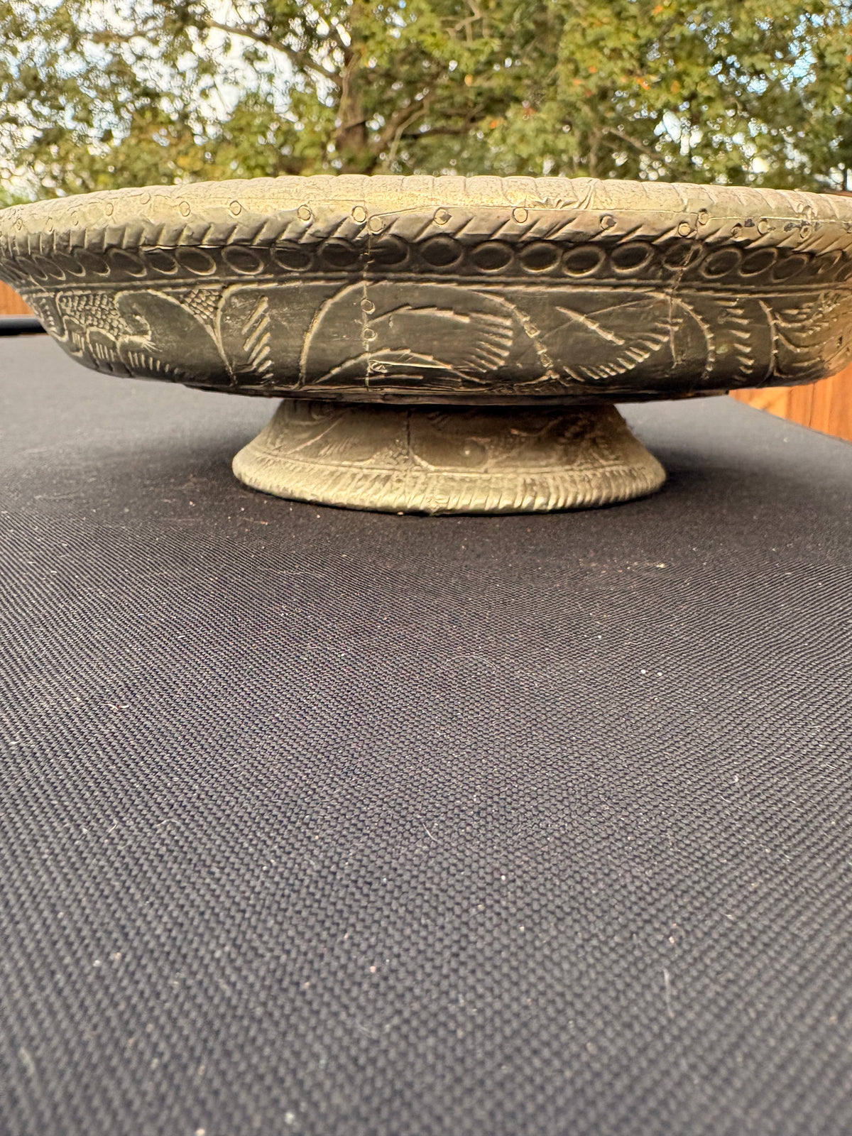 Wooden Pedestal Bowl with Decorative Metal Overlay