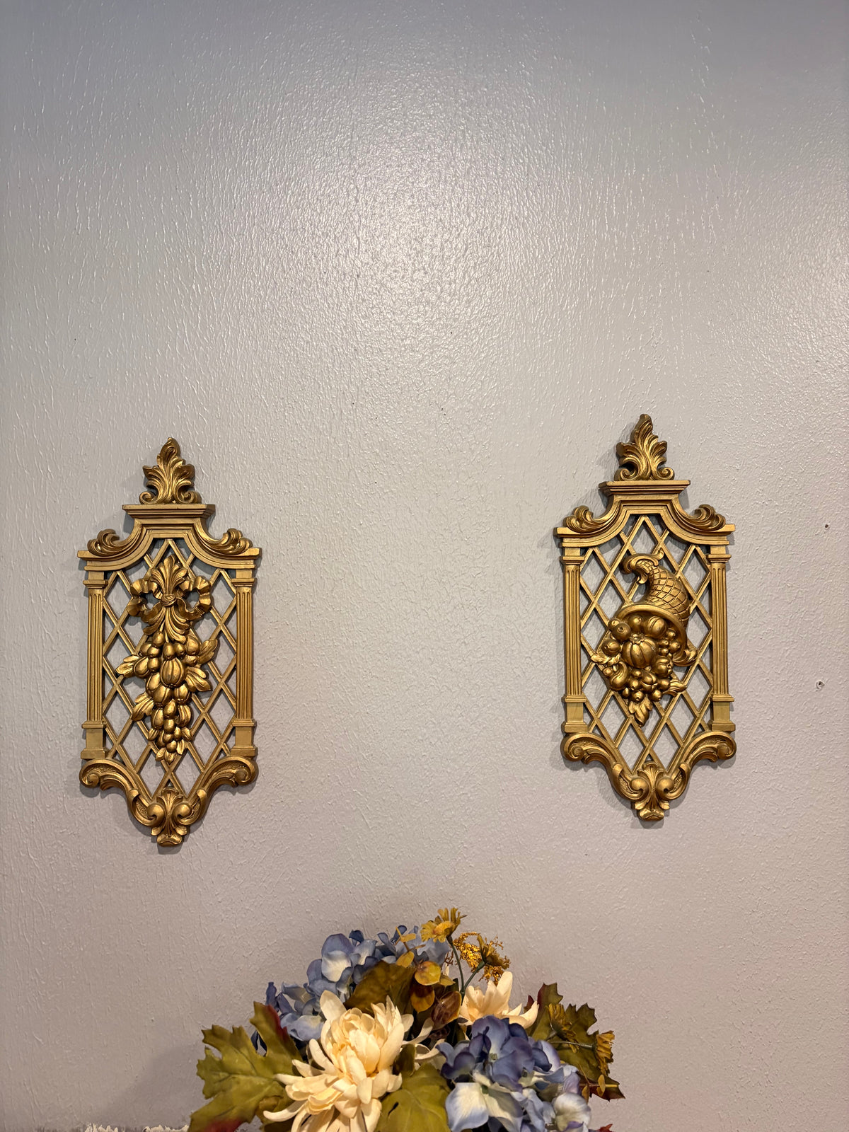 Vintage 1970s Gold Hollywood Regency Lattice Wall Plaques