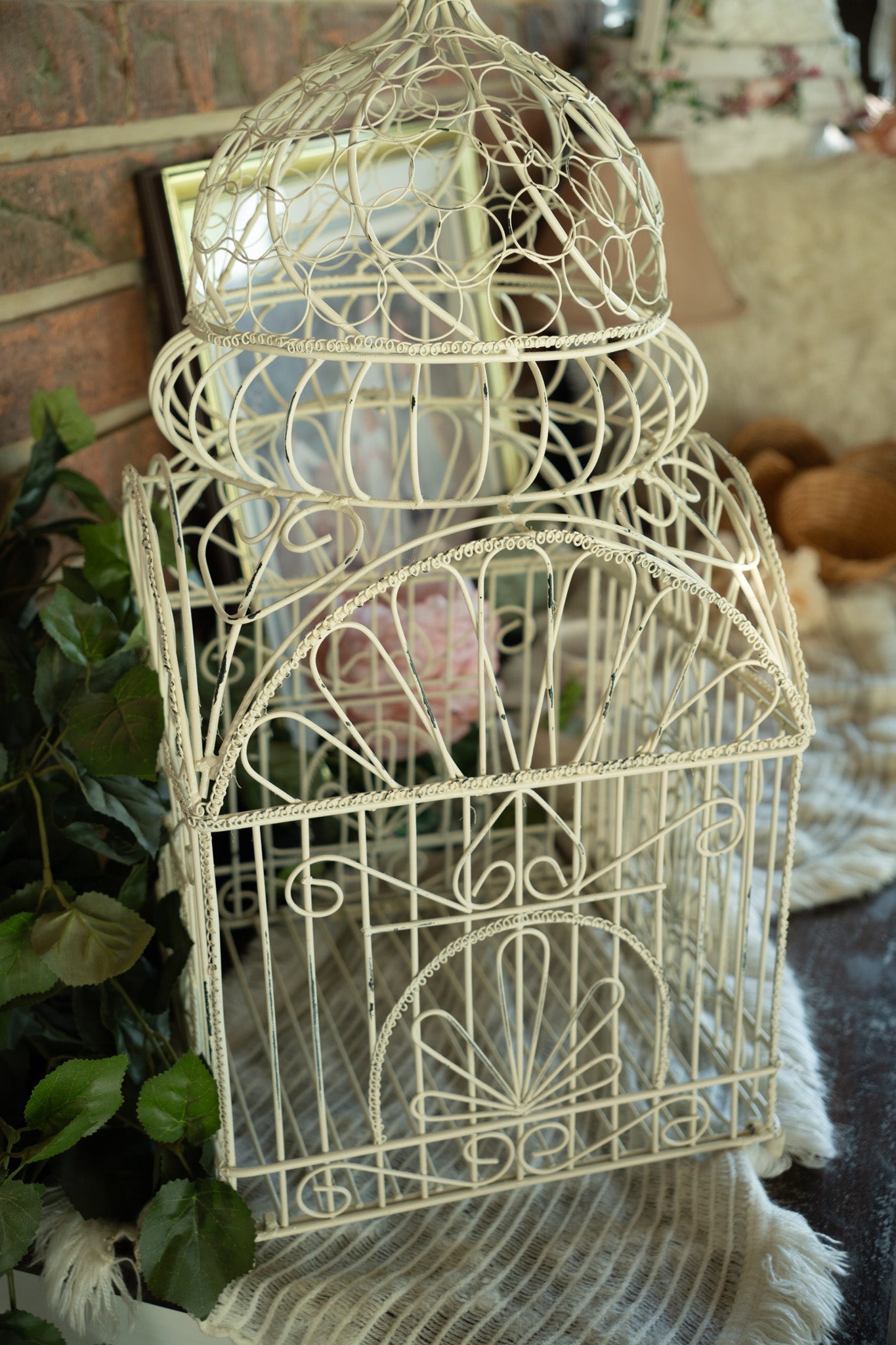 White Metal Birdcage — Vintage Cottage Decorative Accent