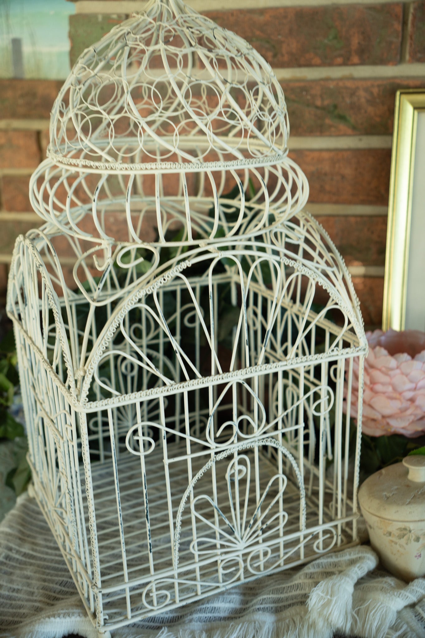 White Metal Birdcage — Vintage Cottage Decorative Accent