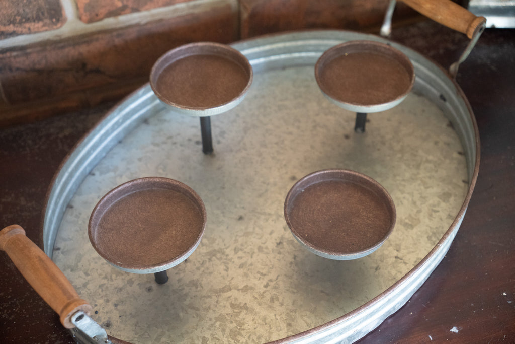 Galvanized Metal 4-Pillar Candle Tray with Candles
