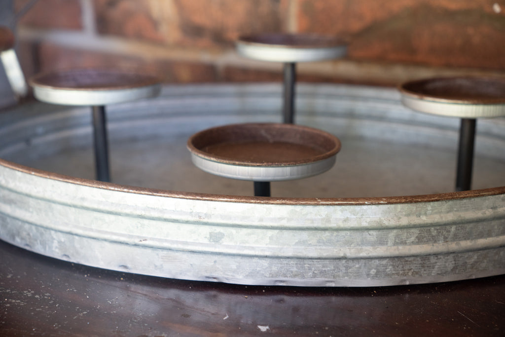 Galvanized Metal 4-Pillar Candle Tray with Candles