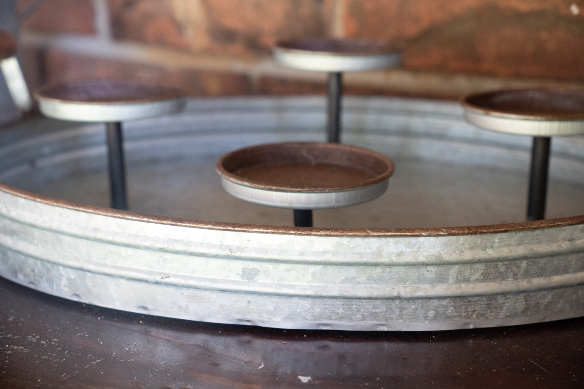 Galvanized Metal 4-Pillar Candle Tray with Candles